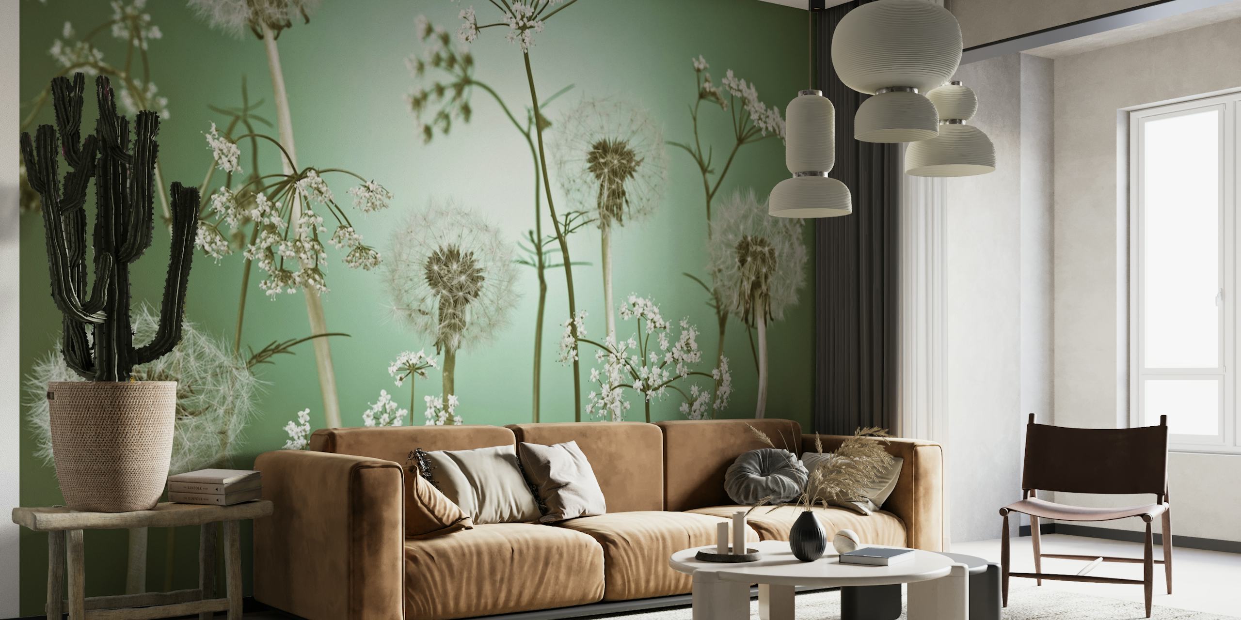 Dandelion floral patterns in white on green wallpaper