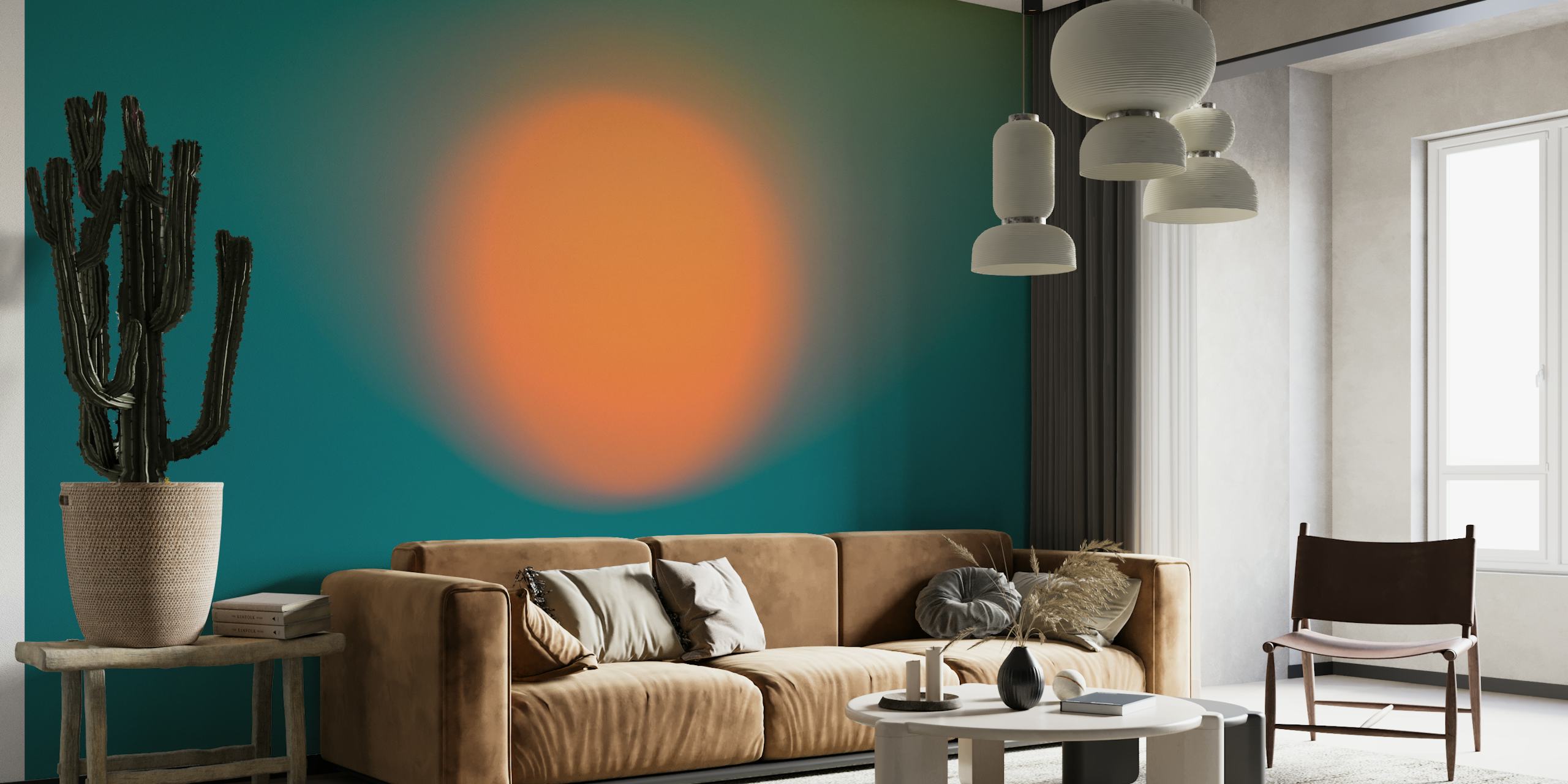 Abstracte zonsondergangmuurschildering met oranje en blauwgroen kleuren die in elkaar overvloeien