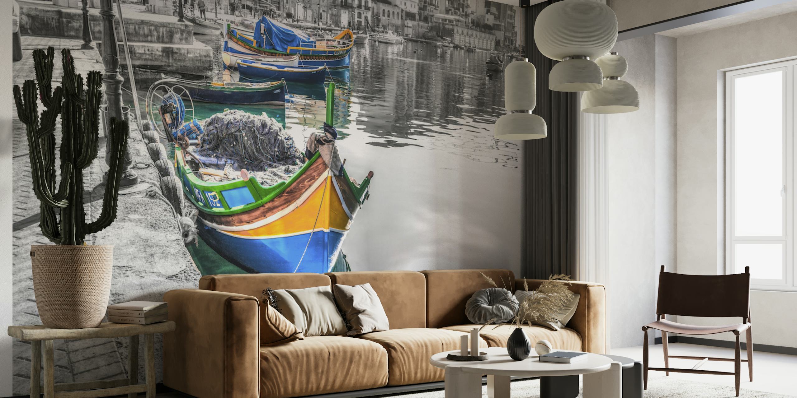 Colorful boats on water with buildings in background wallpaper