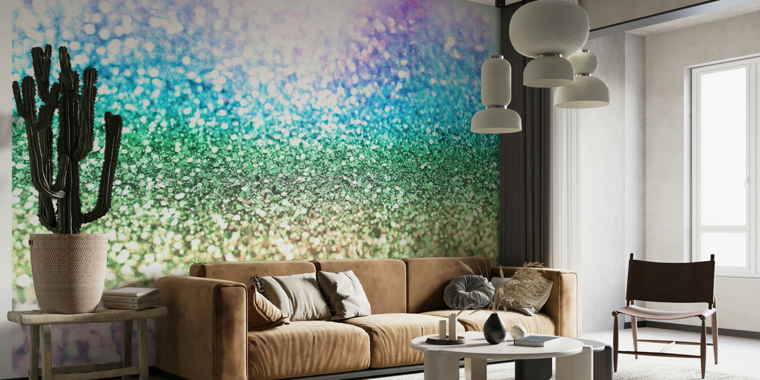 Pastel regnbueglimmer vægmaleri med en funklende tekstur, ideel til levende og finurlige indretningstemaer