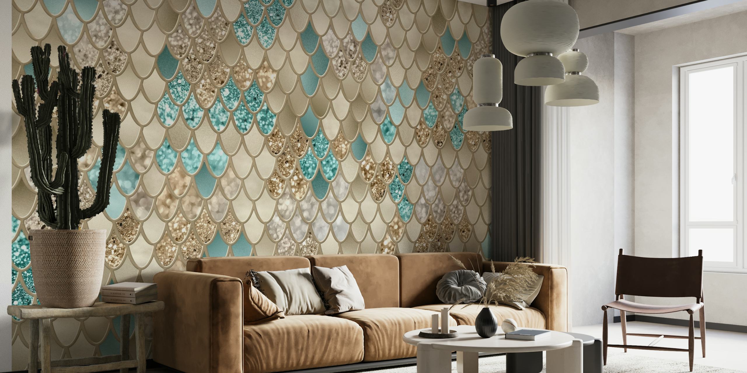 Aquatic-inspired mermaid scale pattern wall mural with shades of aqua, blue, and gold