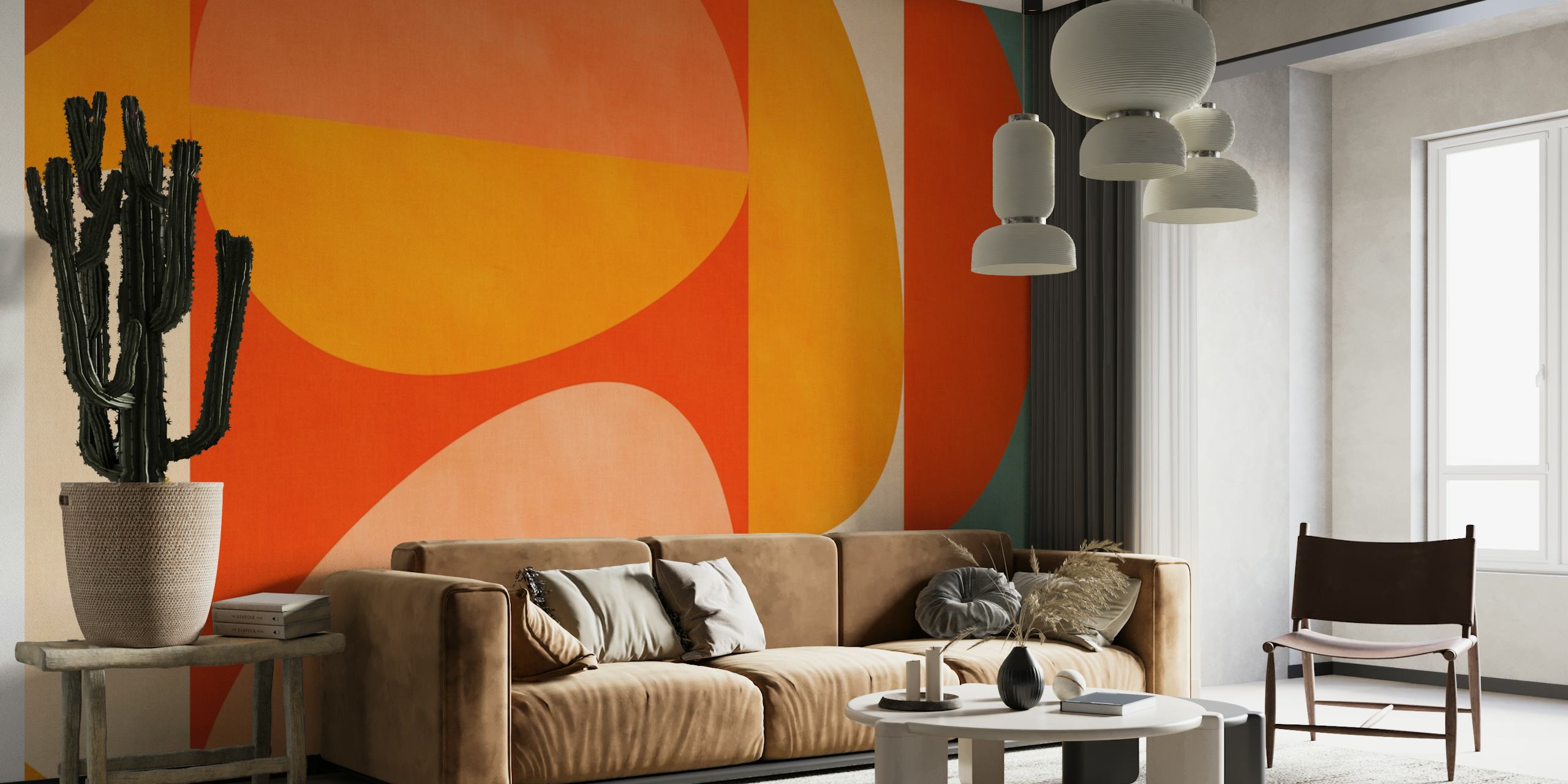 tapeta mid-century modern rounded shapes w pokoju