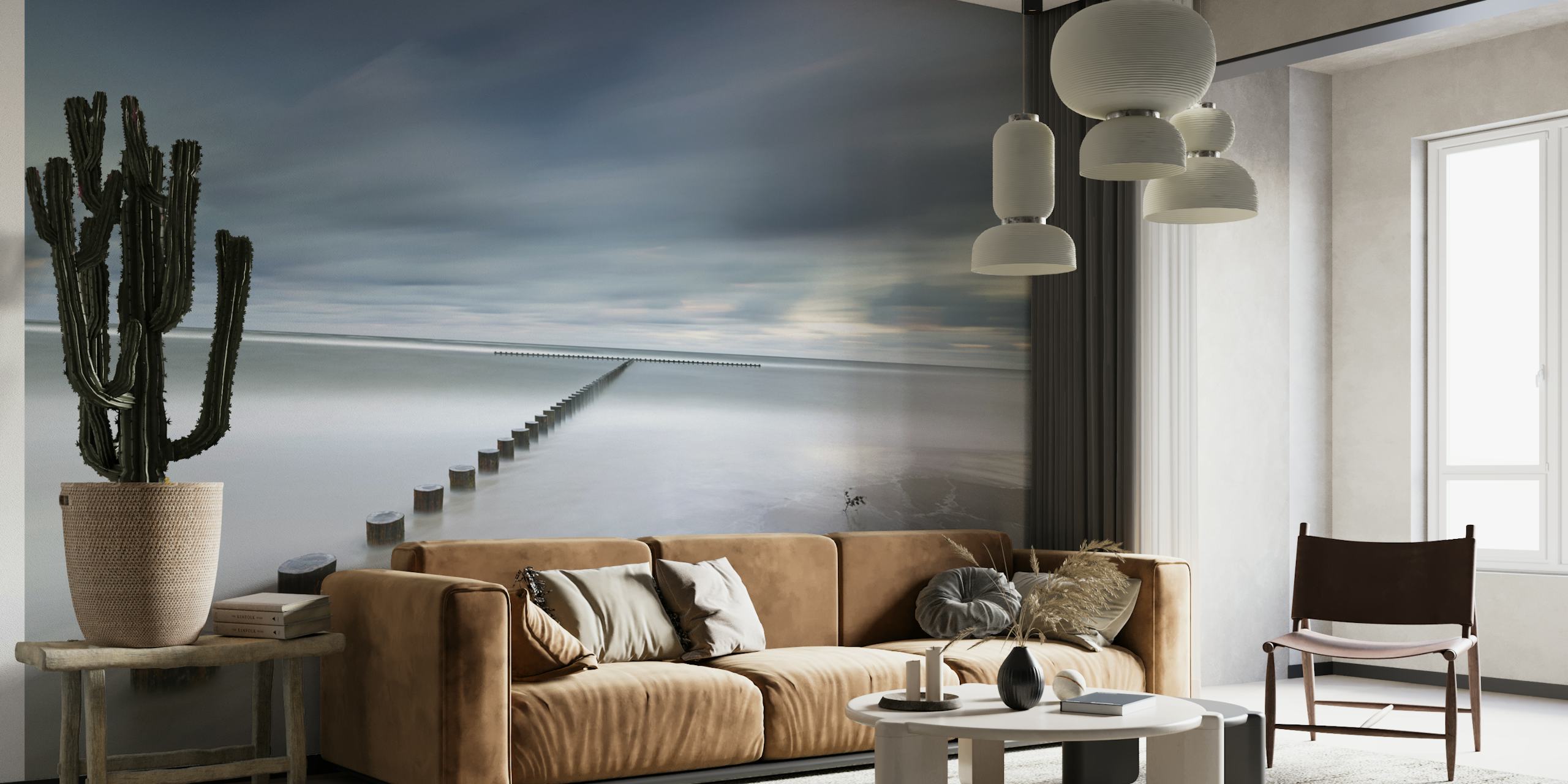 Tranquil seascape wall mural with minimalist jetty extending into the horizon