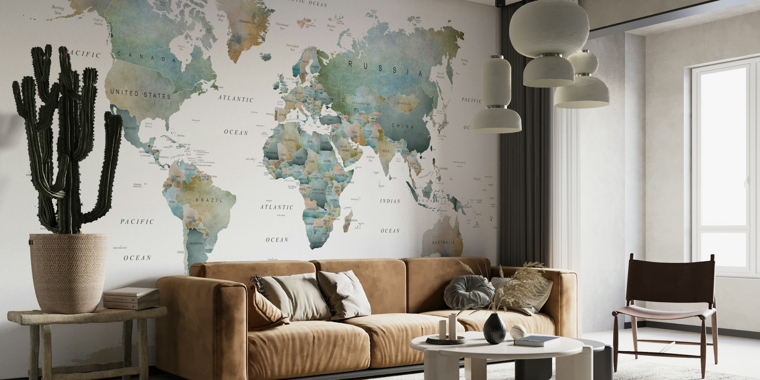 Muted tones world map wallpaper in a room