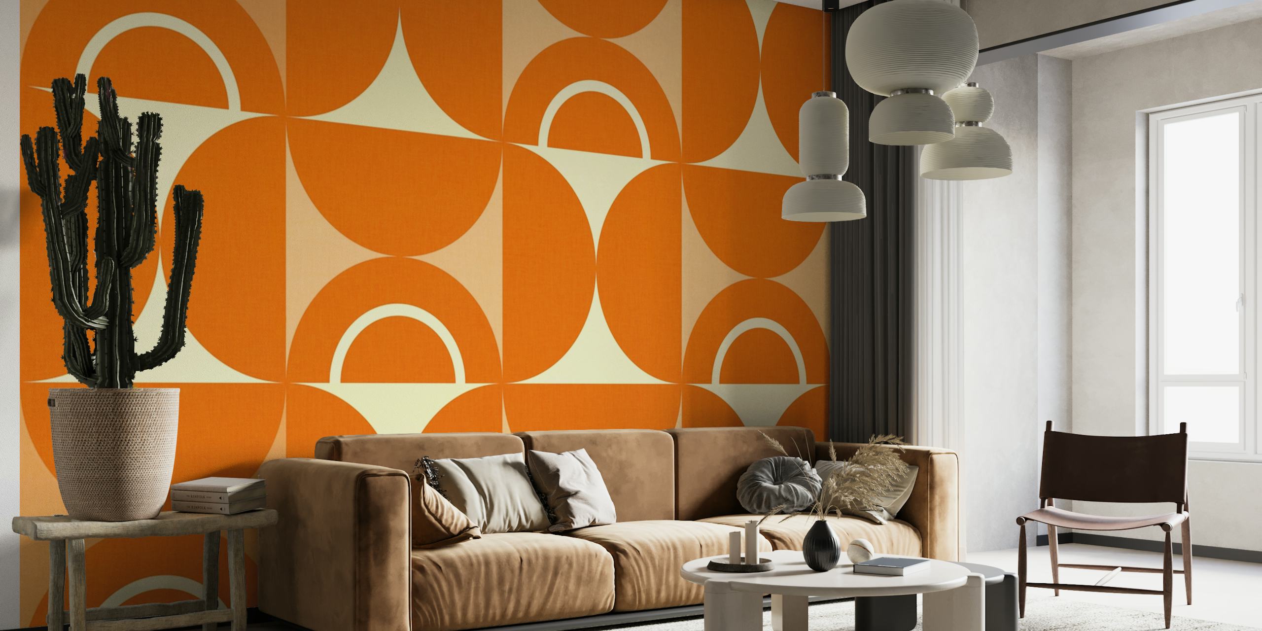 Patrón geométrico moderno de mediados de siglo en naranja y blanco para fotomural