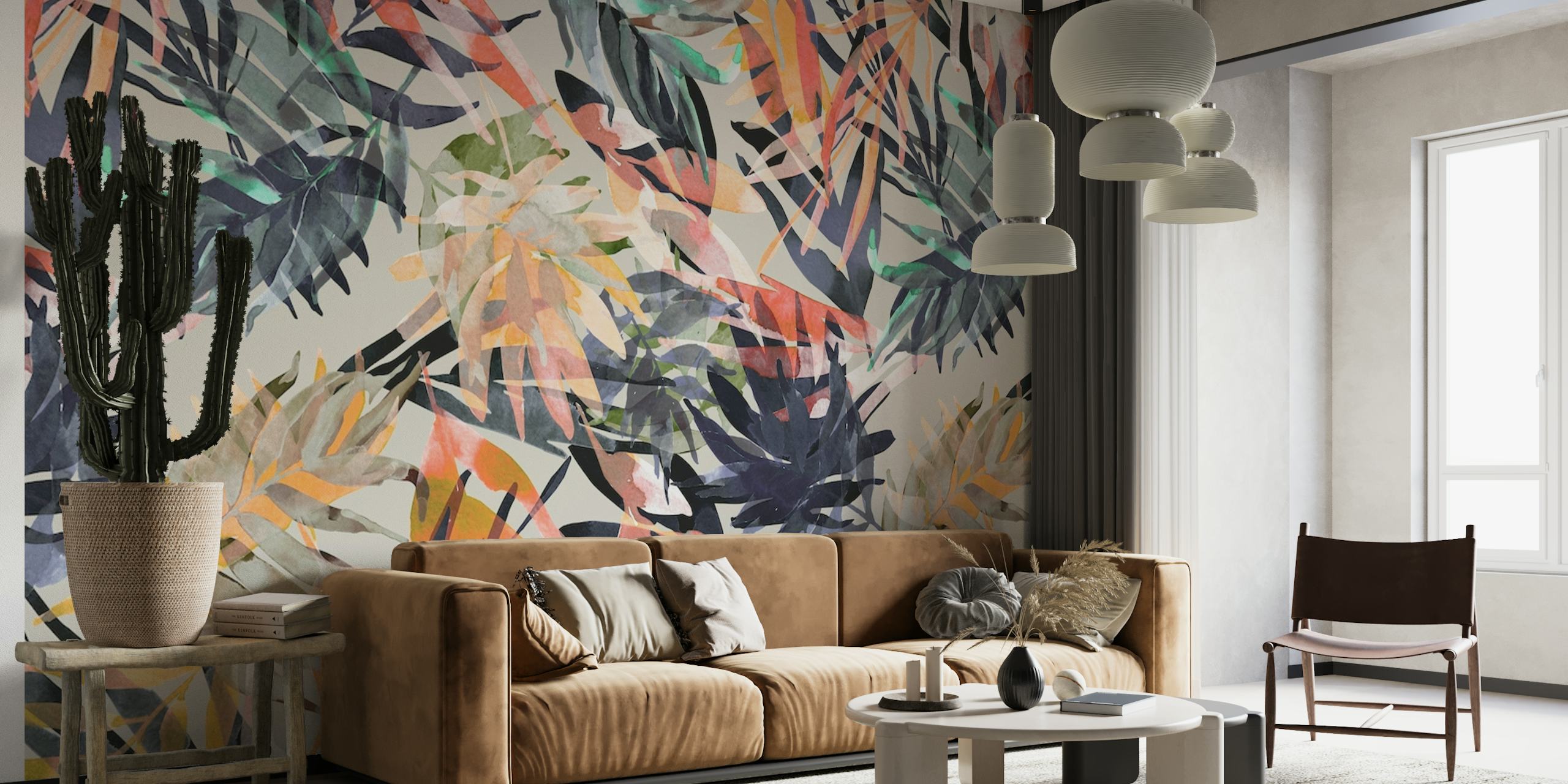 fotomural vinílico de parede com ilustração da selva de folhas modernas coloridas