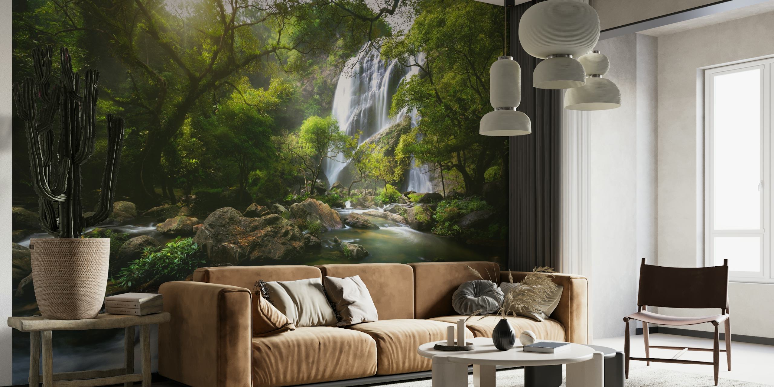 Lush green forest and flowing mountain stream wallpaper