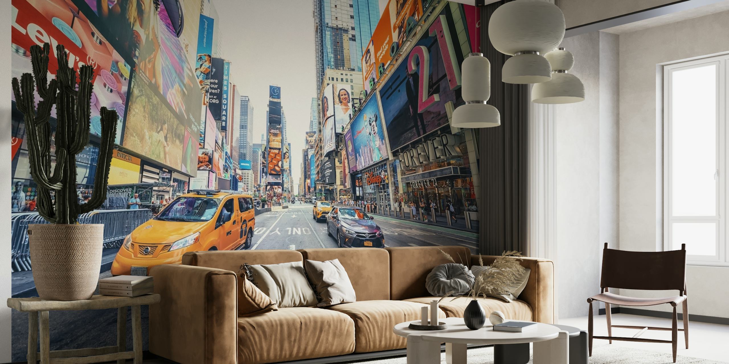 Times Square wall mural showing busy city life with taxis and billboards.