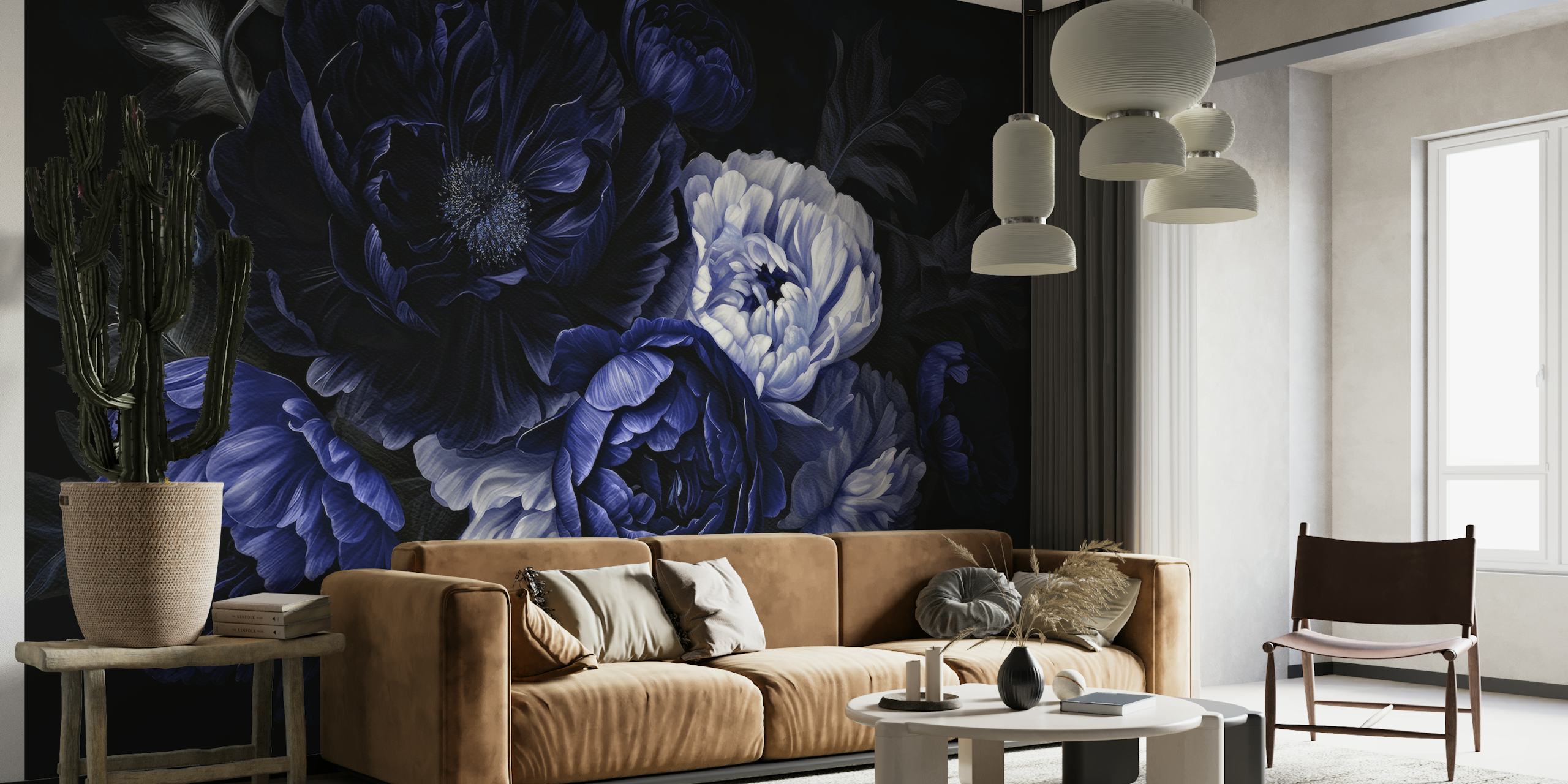 Elegant and moody blue floral wall mural featuring peonies and roses in a vintage baroque style.