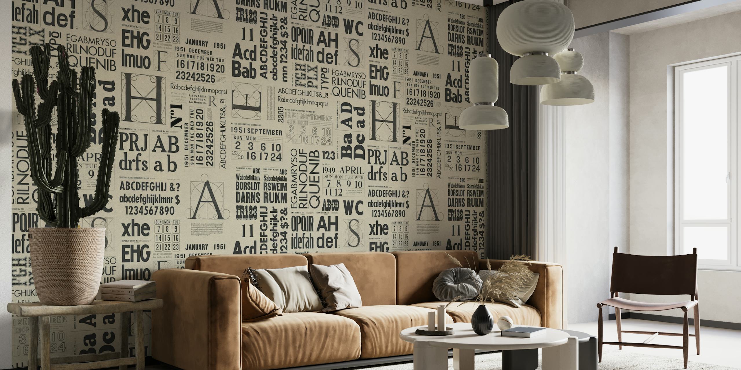 Old Print Typography Pattern wall mural in beige and black