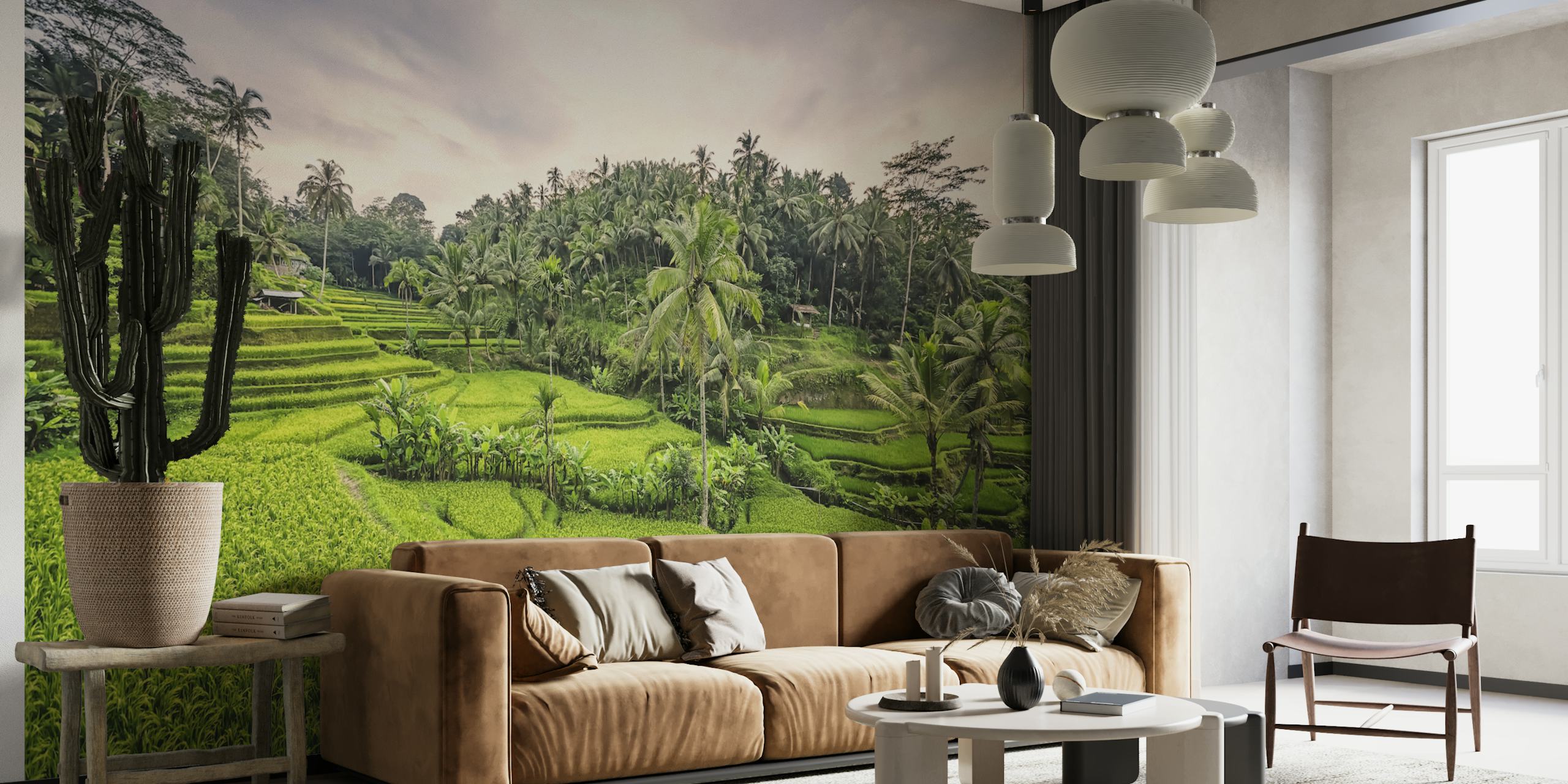Lush green rice paddy fields with palm trees wallpaper
