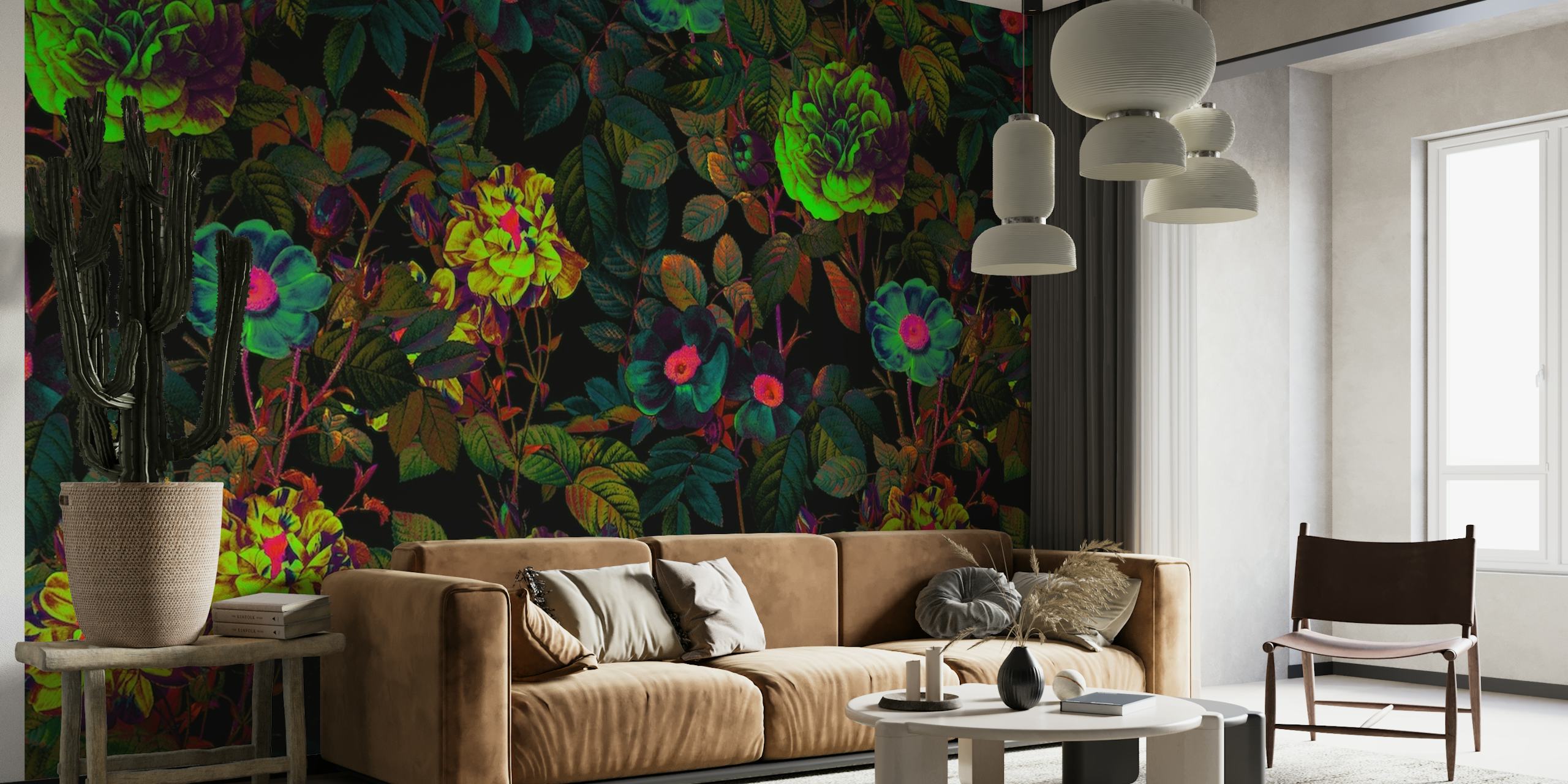 Colorful florals with neon accents on a dark background wall mural
