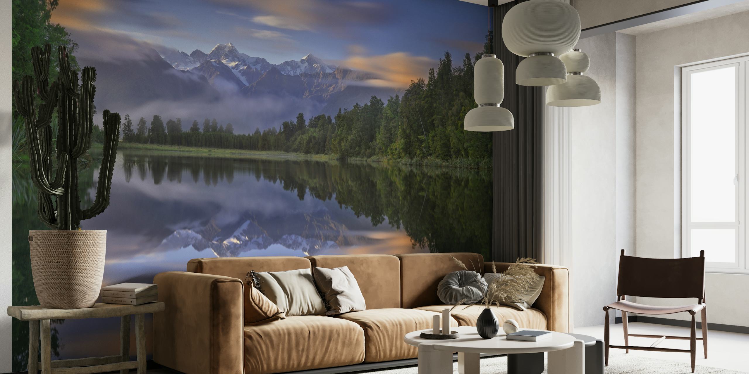 Lake Matheson wall mural with reflective waters and snow-capped mountains