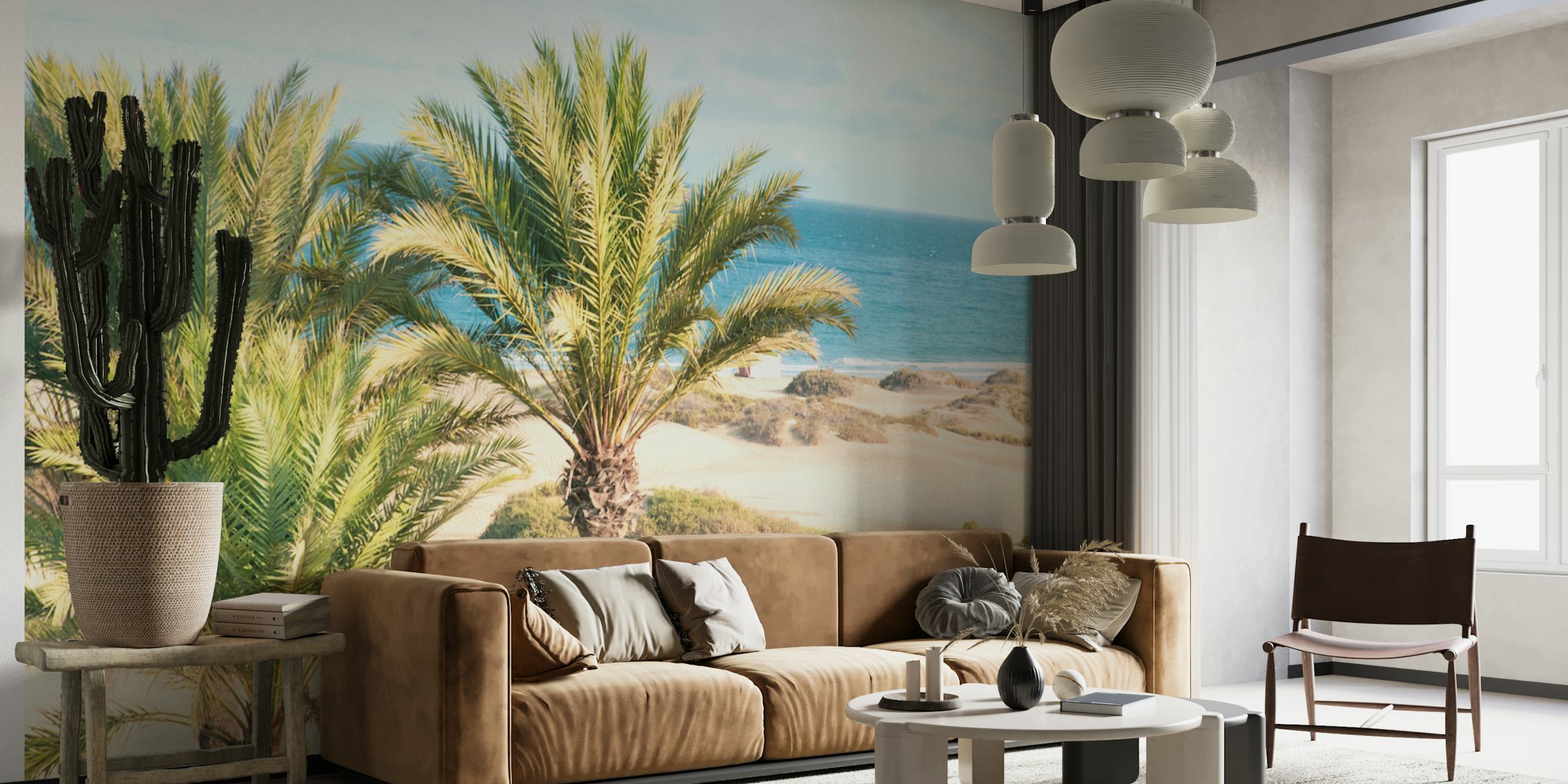 Palm trees against blue ocean and sandy beach wallpaper