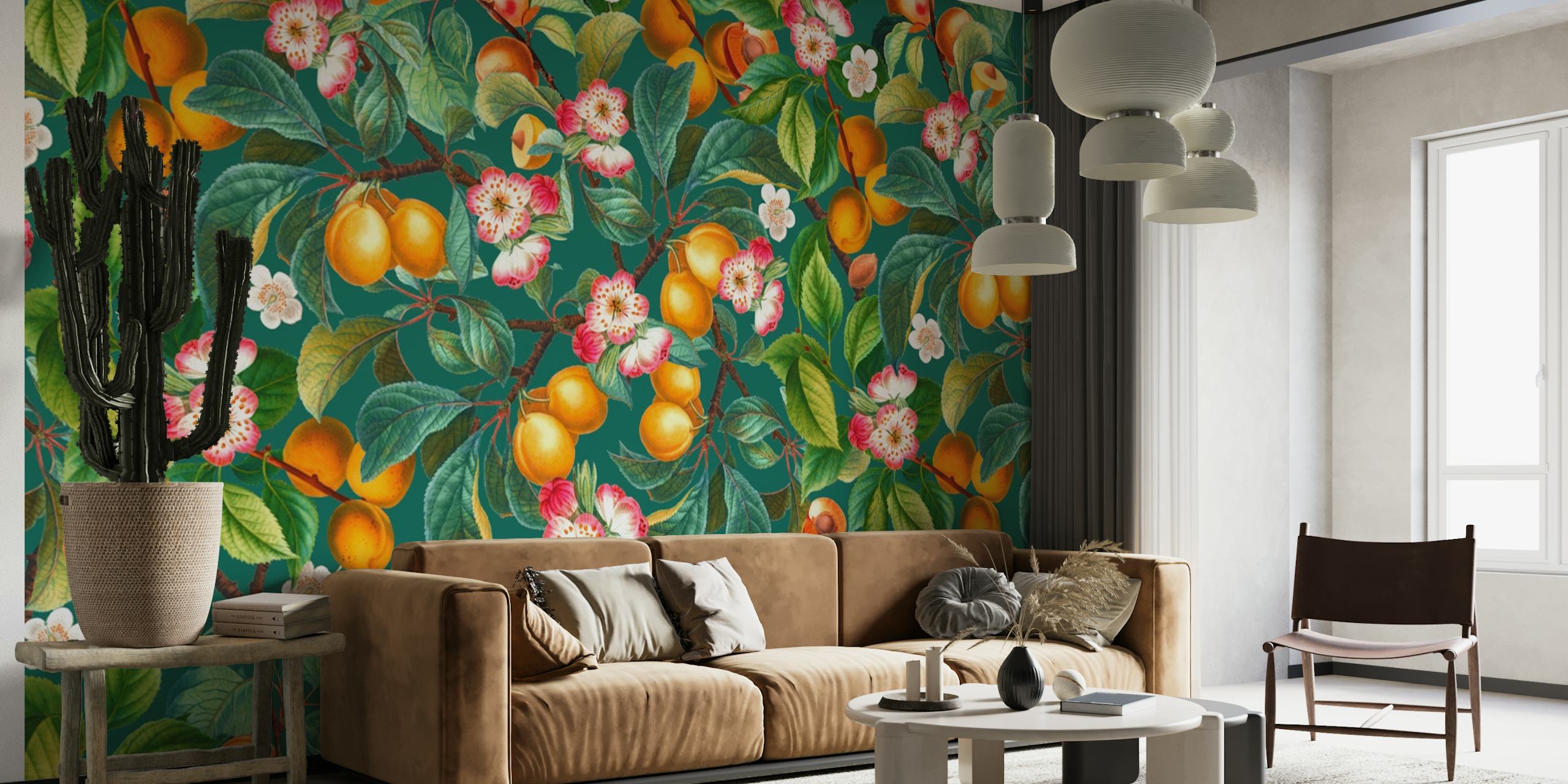 Papier peint mural à motif de fruits et de fleurs luxuriants avec des oranges et des fleurs