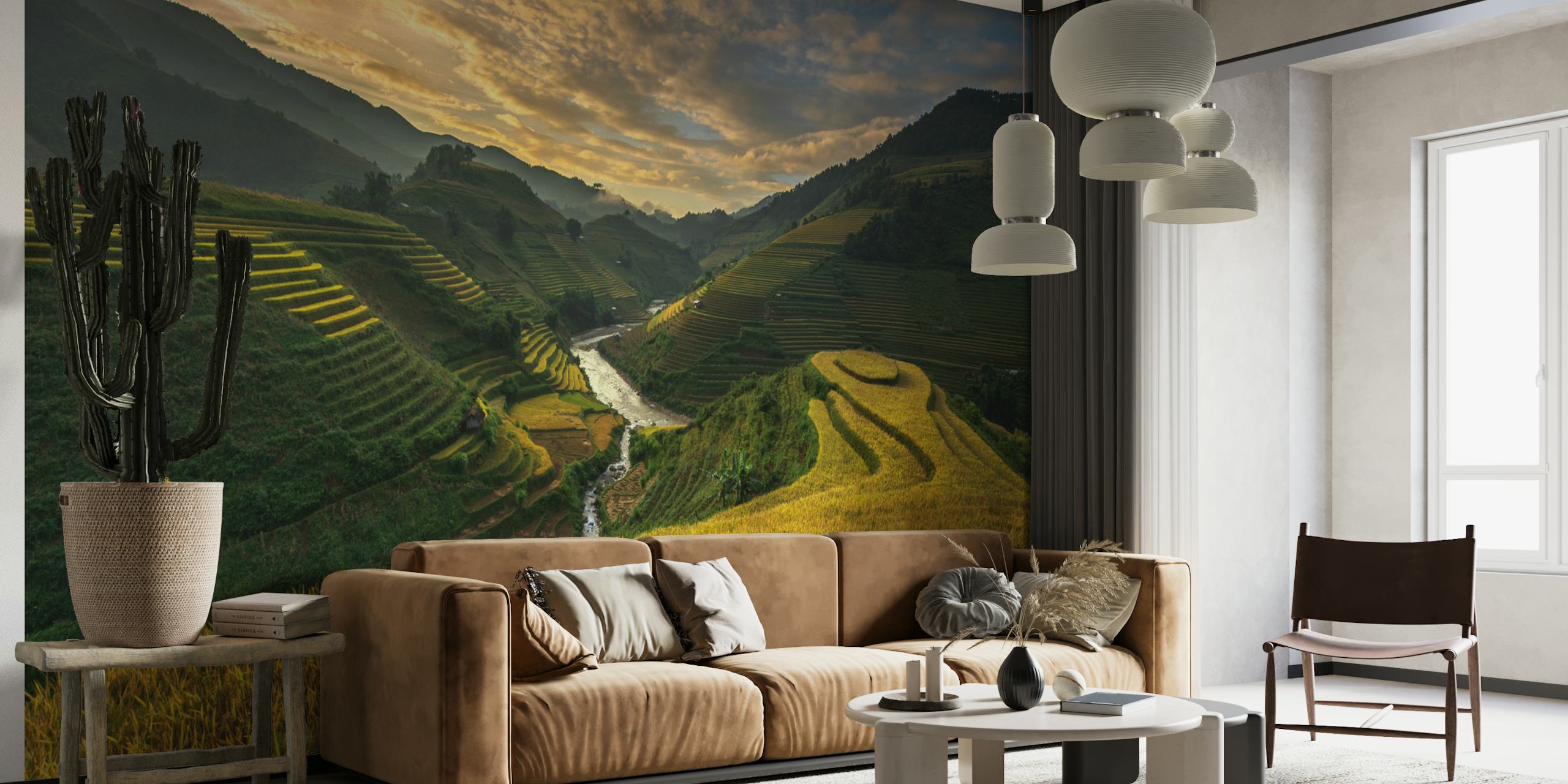 Rice terrace landscape wallpaper with golden fields and green hills