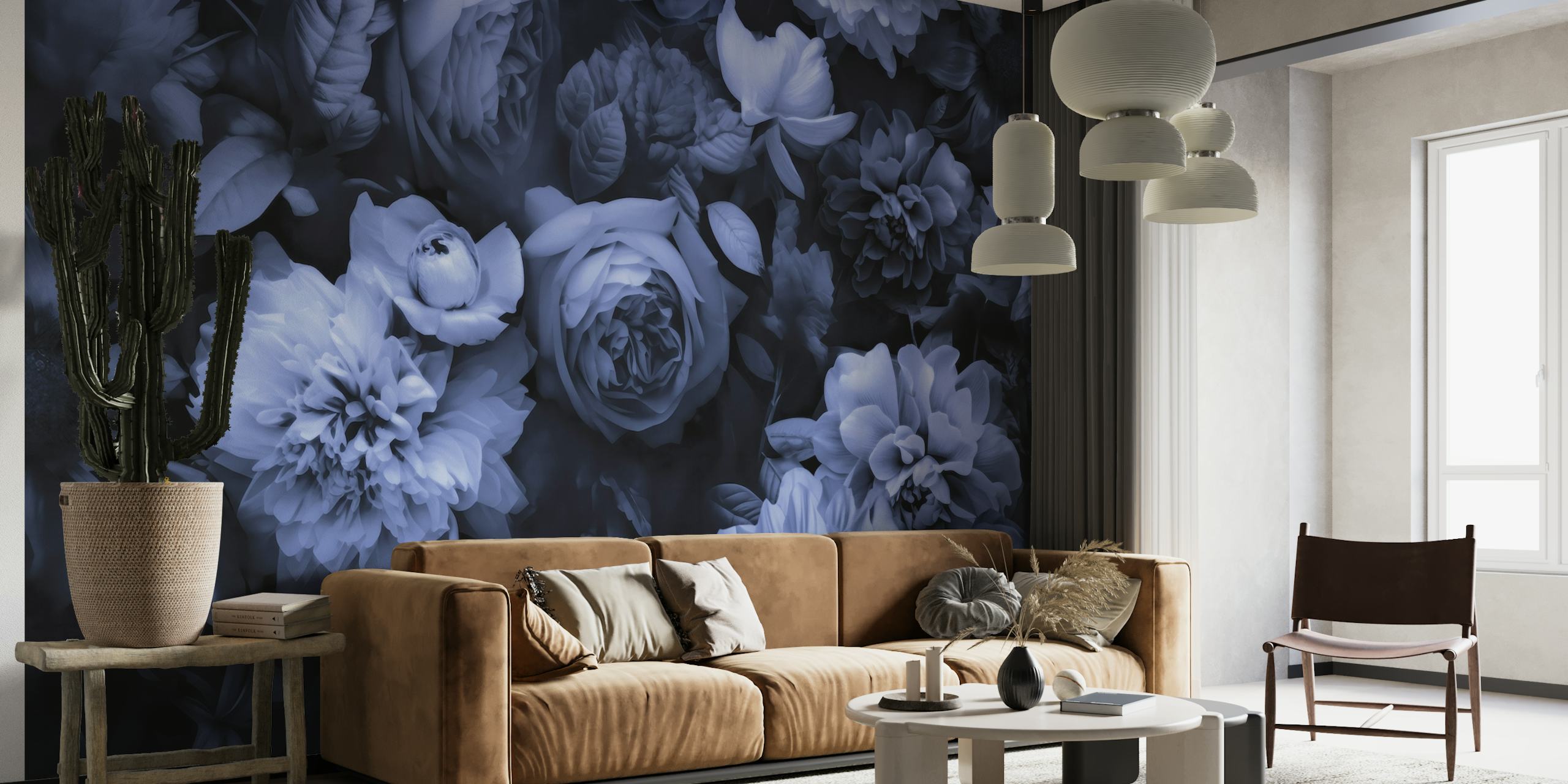 Opulent Baroque Flowers Moody Botanical Art Midnight Blue wallpaper