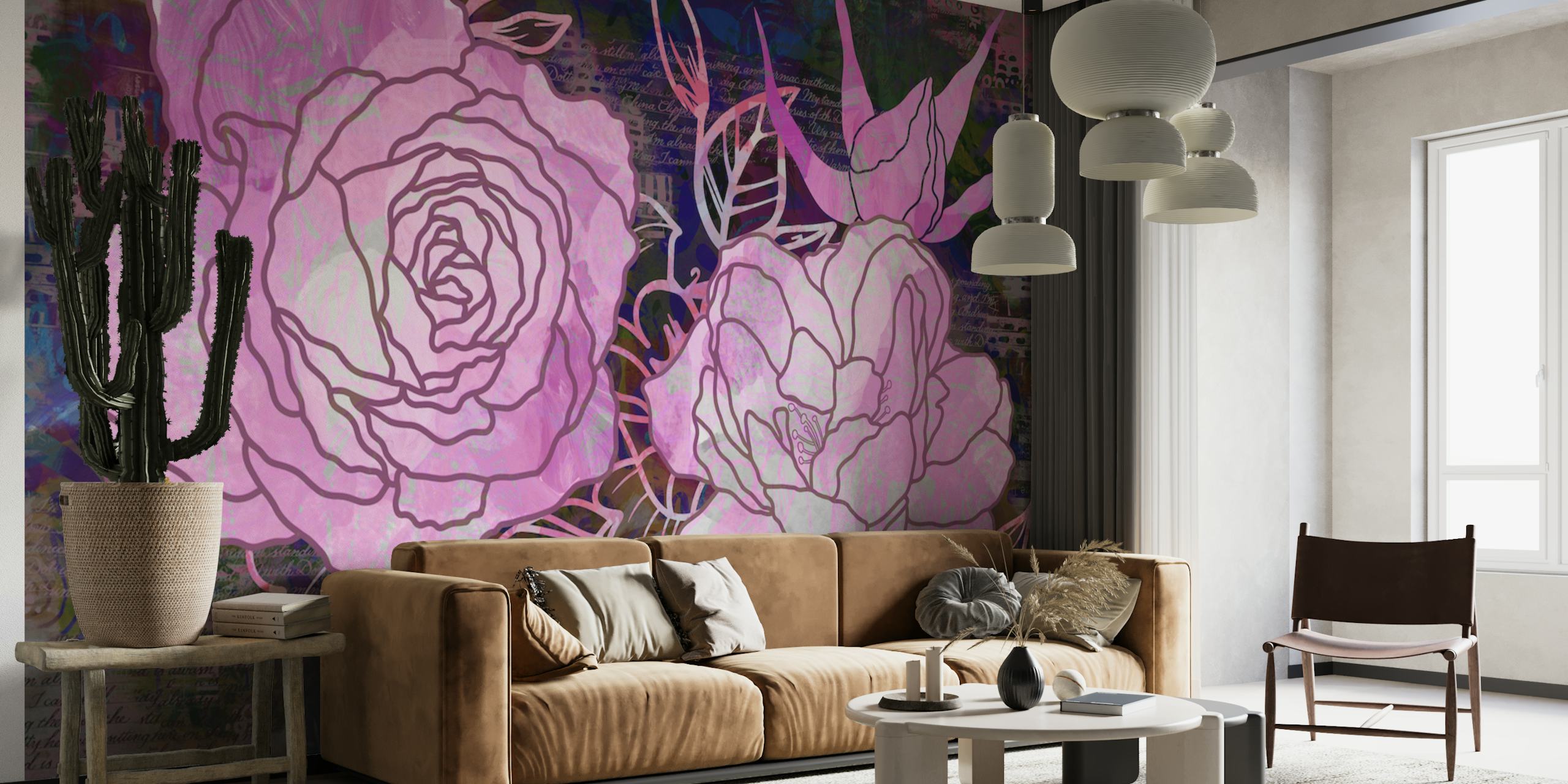 Mixed Media Magical Pink Roses mural with pastel colors on textured background
