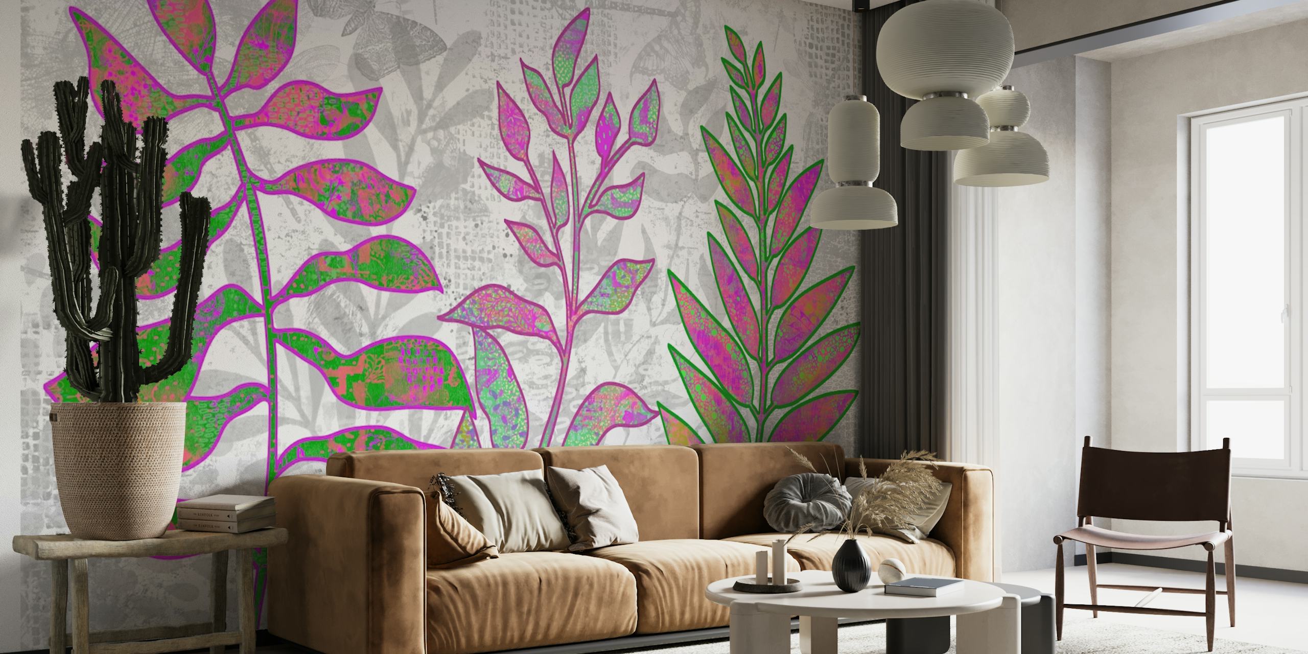 Stylized leaves with vibrant colors on a textured background wall mural