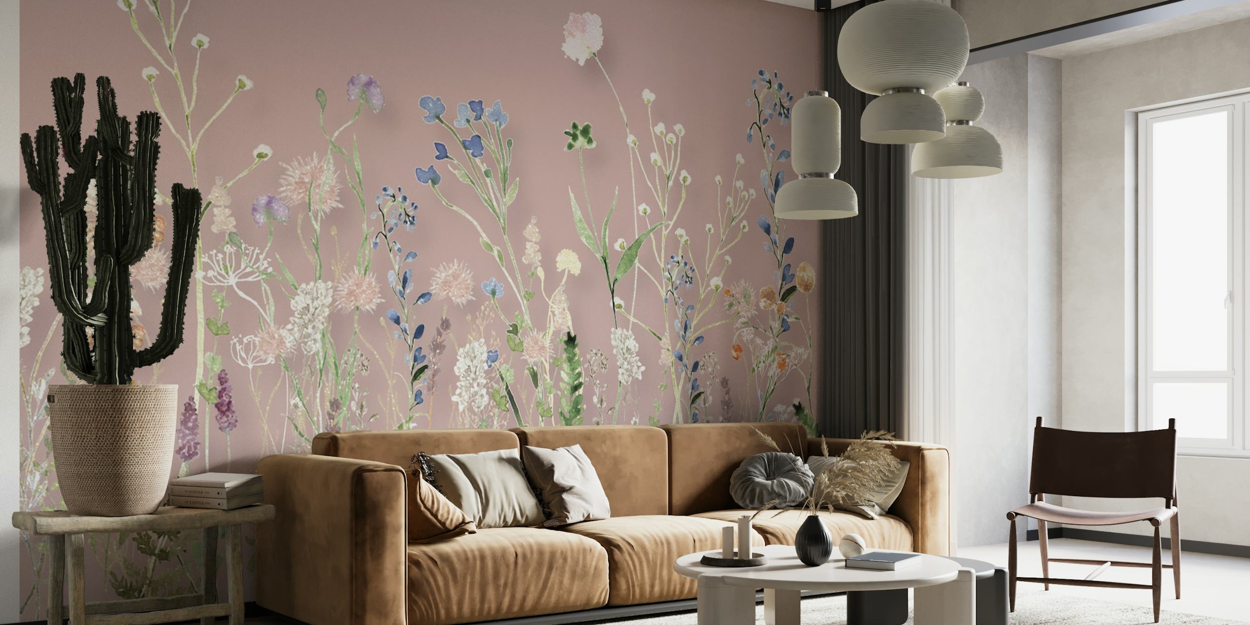 Un relajante diseño de pradera de flores silvestres con un fondo rosa rubor para un mural de pared.