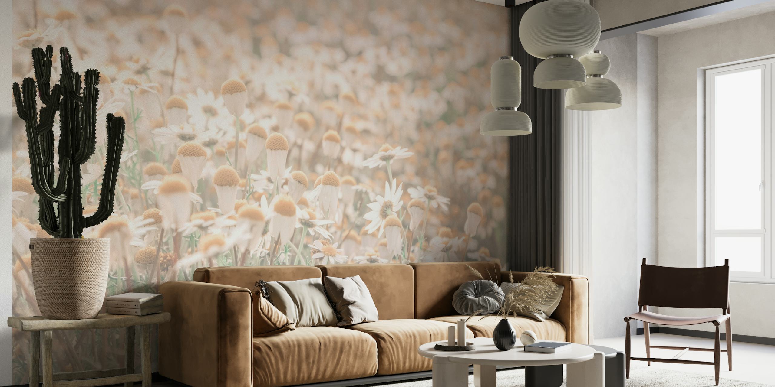 Soft-focused daisy field wall mural in muted summer tones