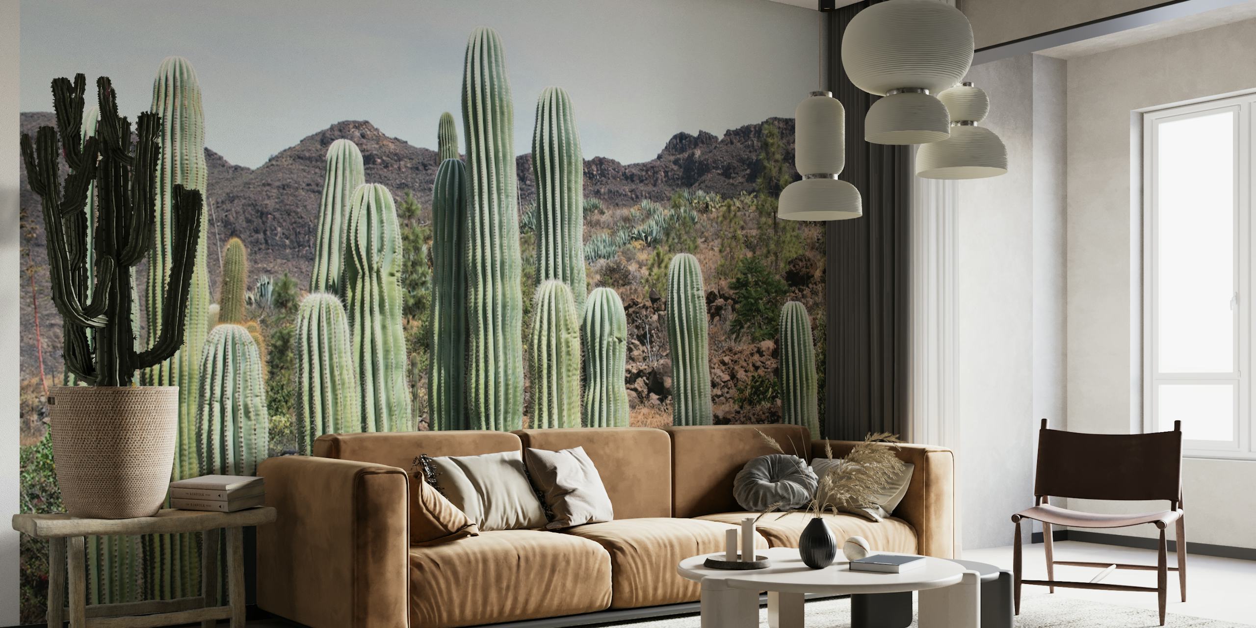 Fototapeta Cactus Oasis z wysokimi kaktusami i górami w tle