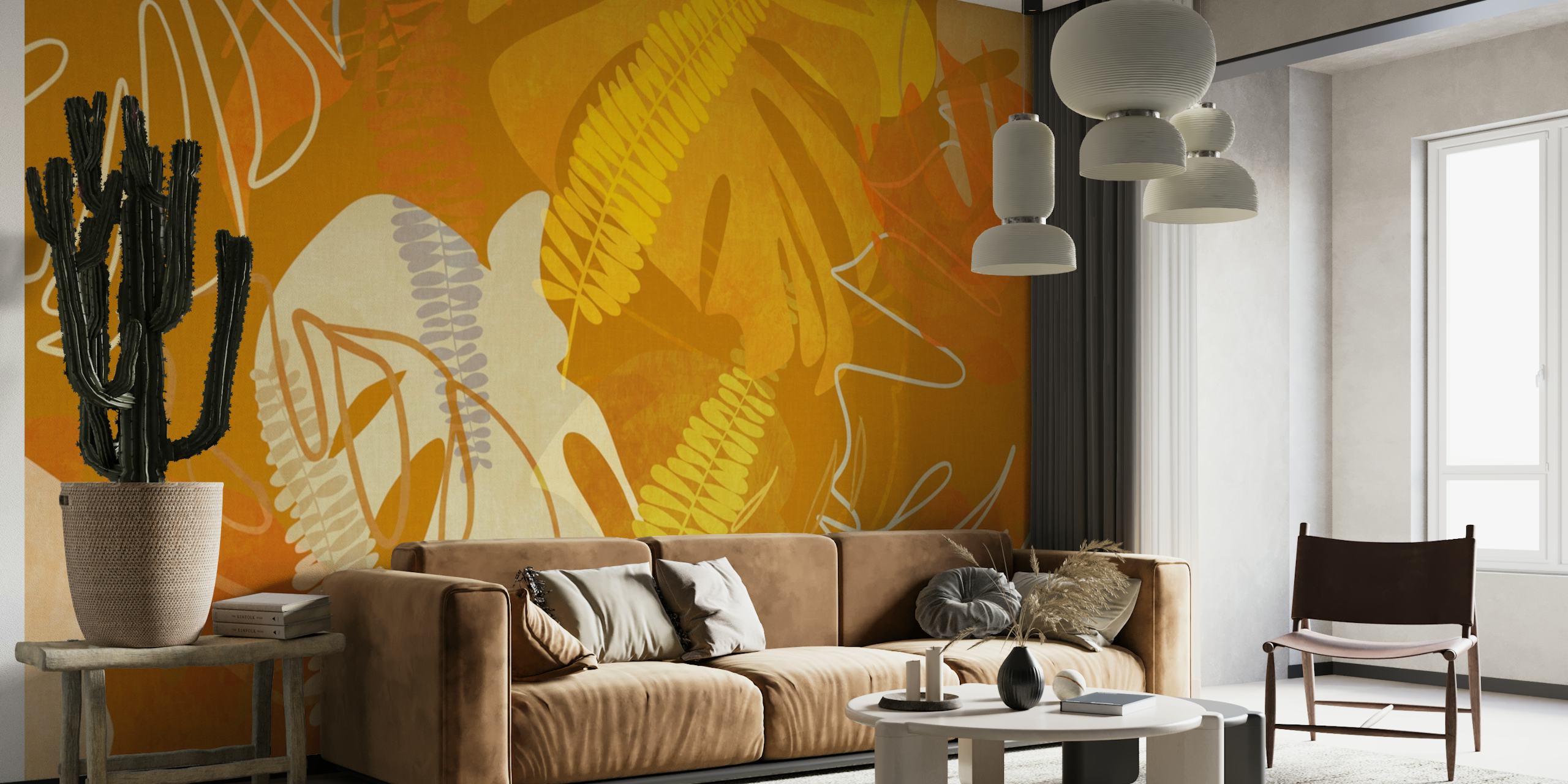 Et vægmaleri med bladmønster i karry orange toner