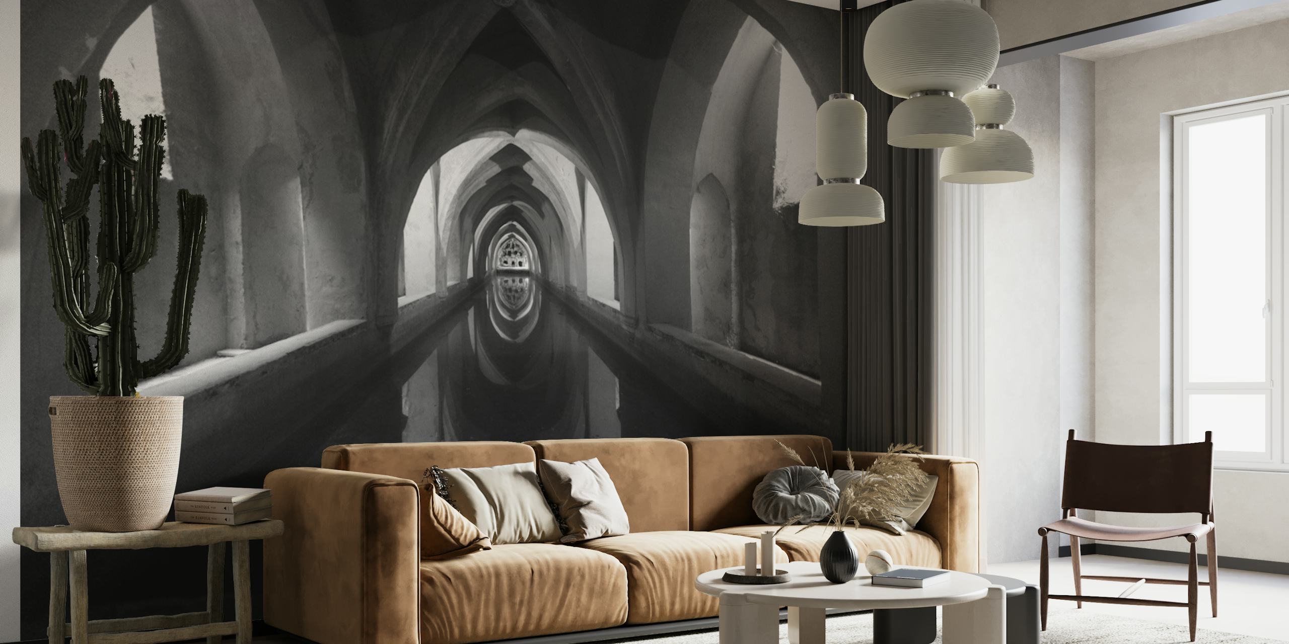 Black and white image of the arches in the Baths of the Alcazar in Seville wall mural