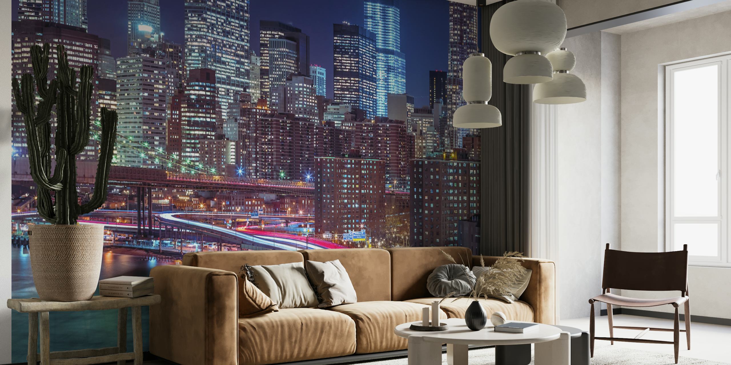 Urban city skyline at night with bright lights and reflections wallpaper