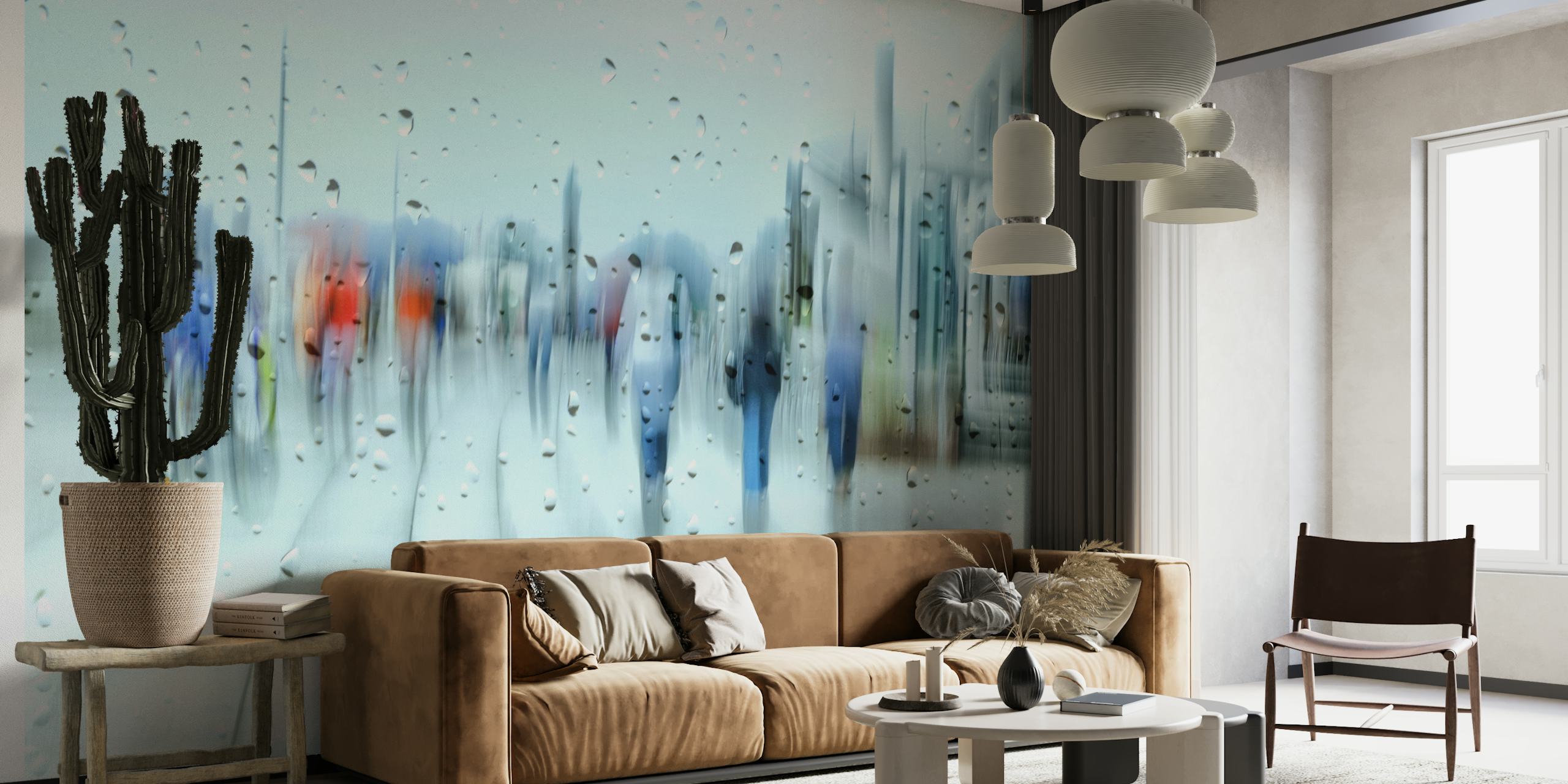 Abstract wall mural with blurred people in rain setting