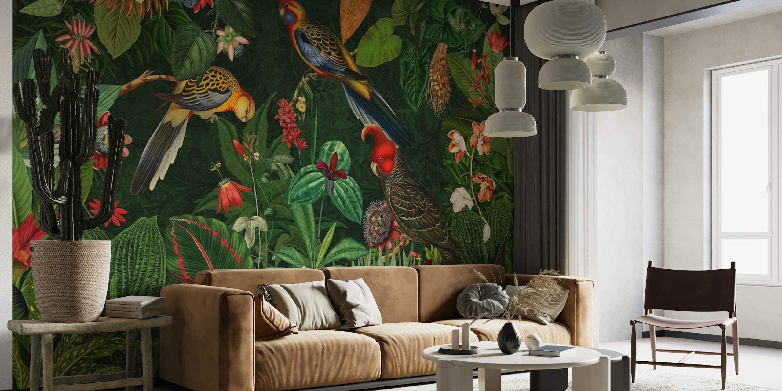 Moody Botanical Midnight Jungle Birds wallpaper