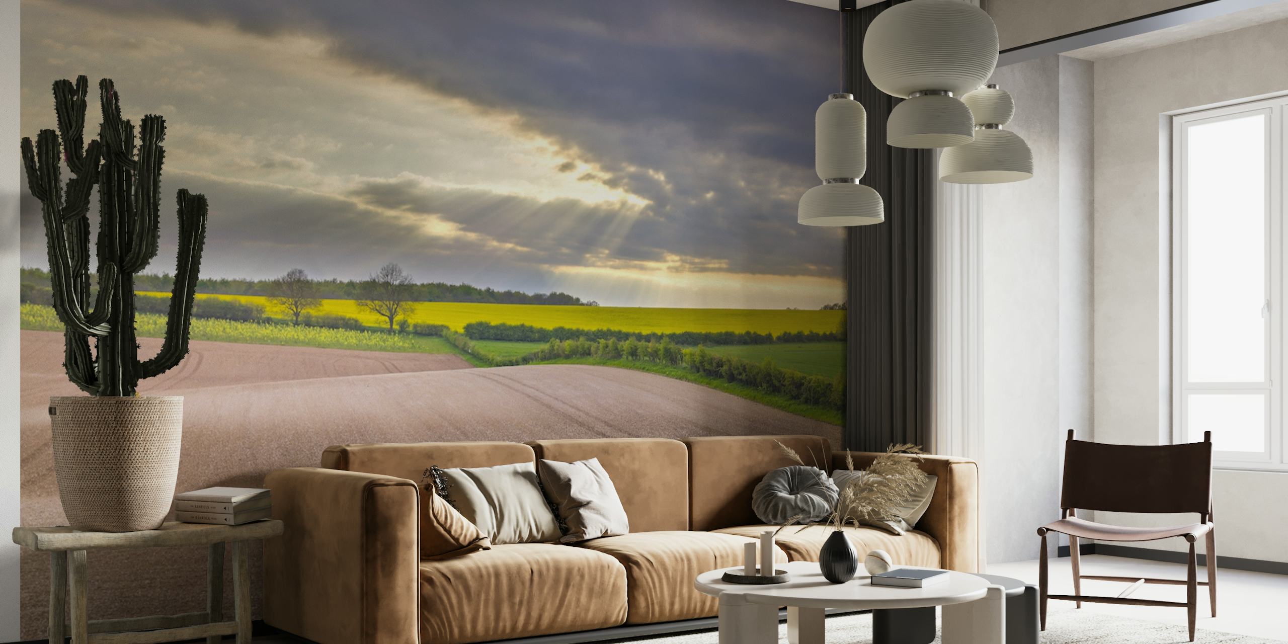 English countryside wall mural with green fields and cloudy skies