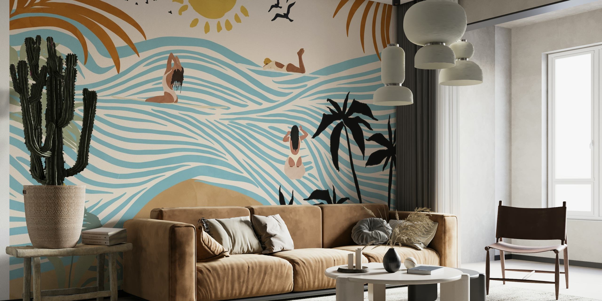 Tropische scene met surfers, golven, zon en palmbomen. Zachte kleuren en vrolijke stijl wallpaper.