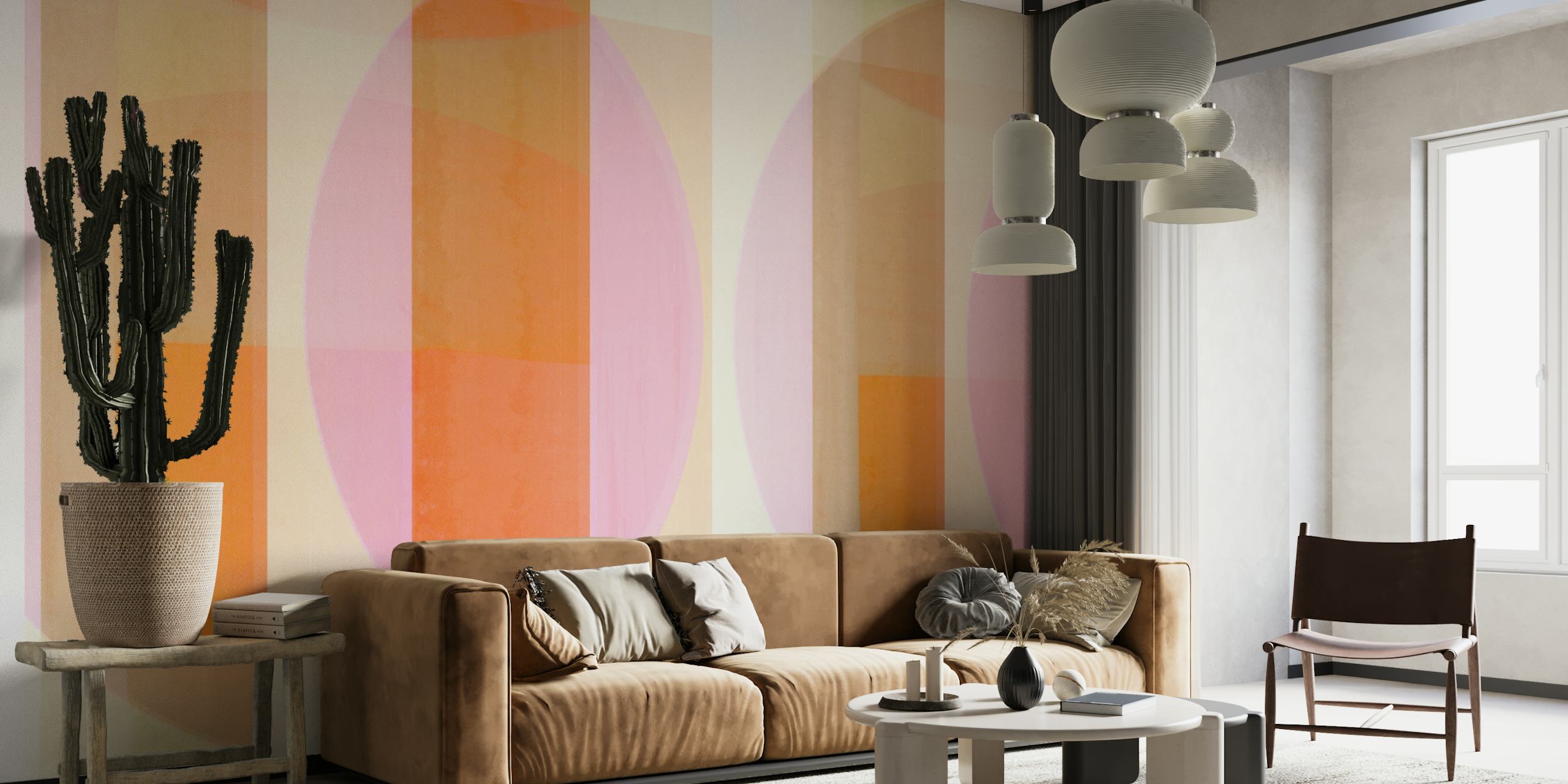 Colorful geometric abstract wallpaper with pink, orange, and muted hues.