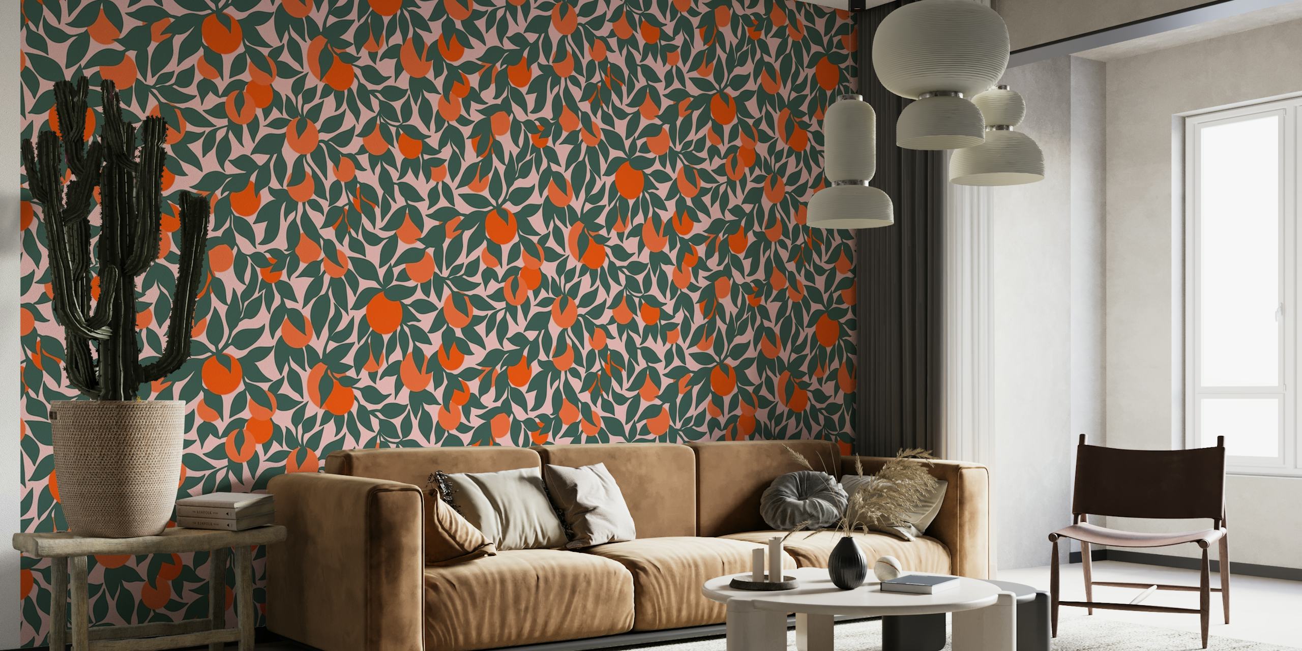 Oranges and Leaves on Pink Mural wallpaper