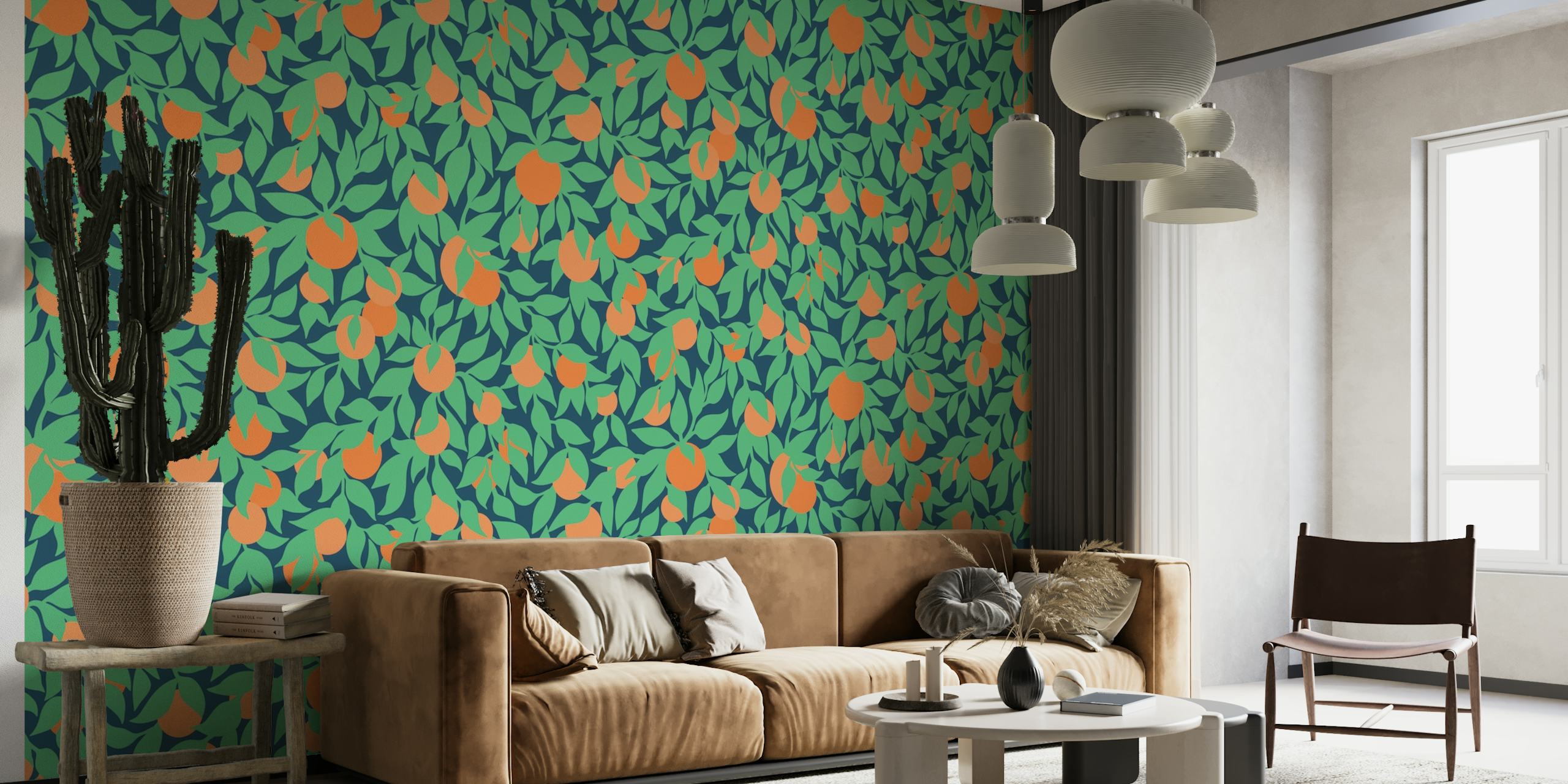 Oranges and Leaves on Navy Mural papel pintado