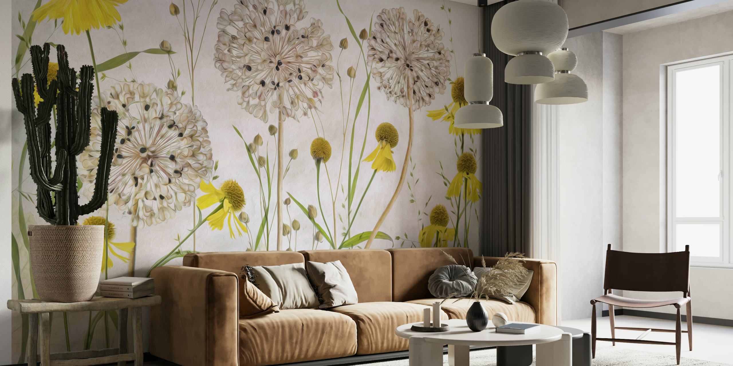 Floral design with yellow and white flowers and green stems wallpaper