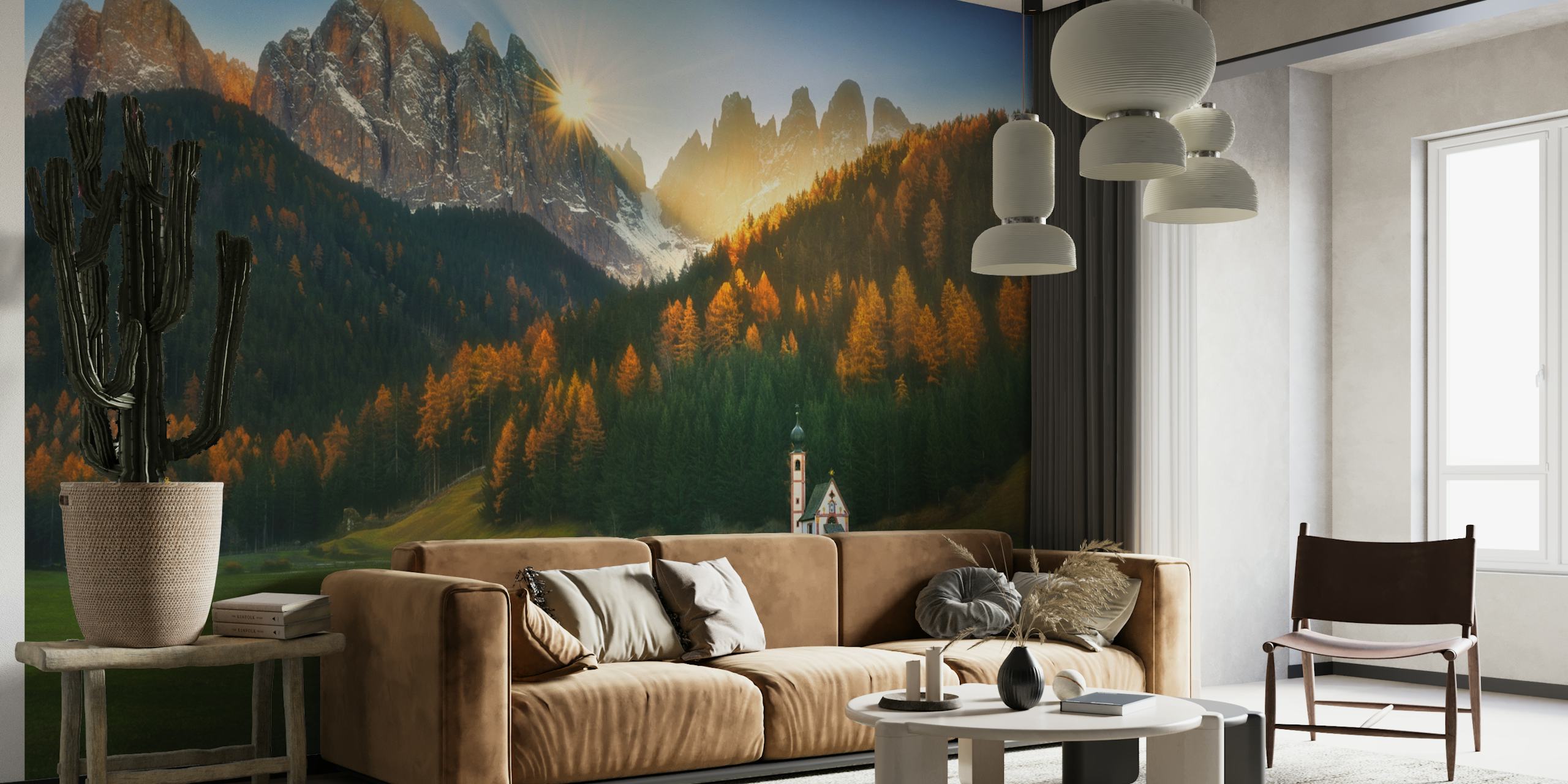 Santa Maddalena church in the Dolomites with sunlit meadows and forest wall mural