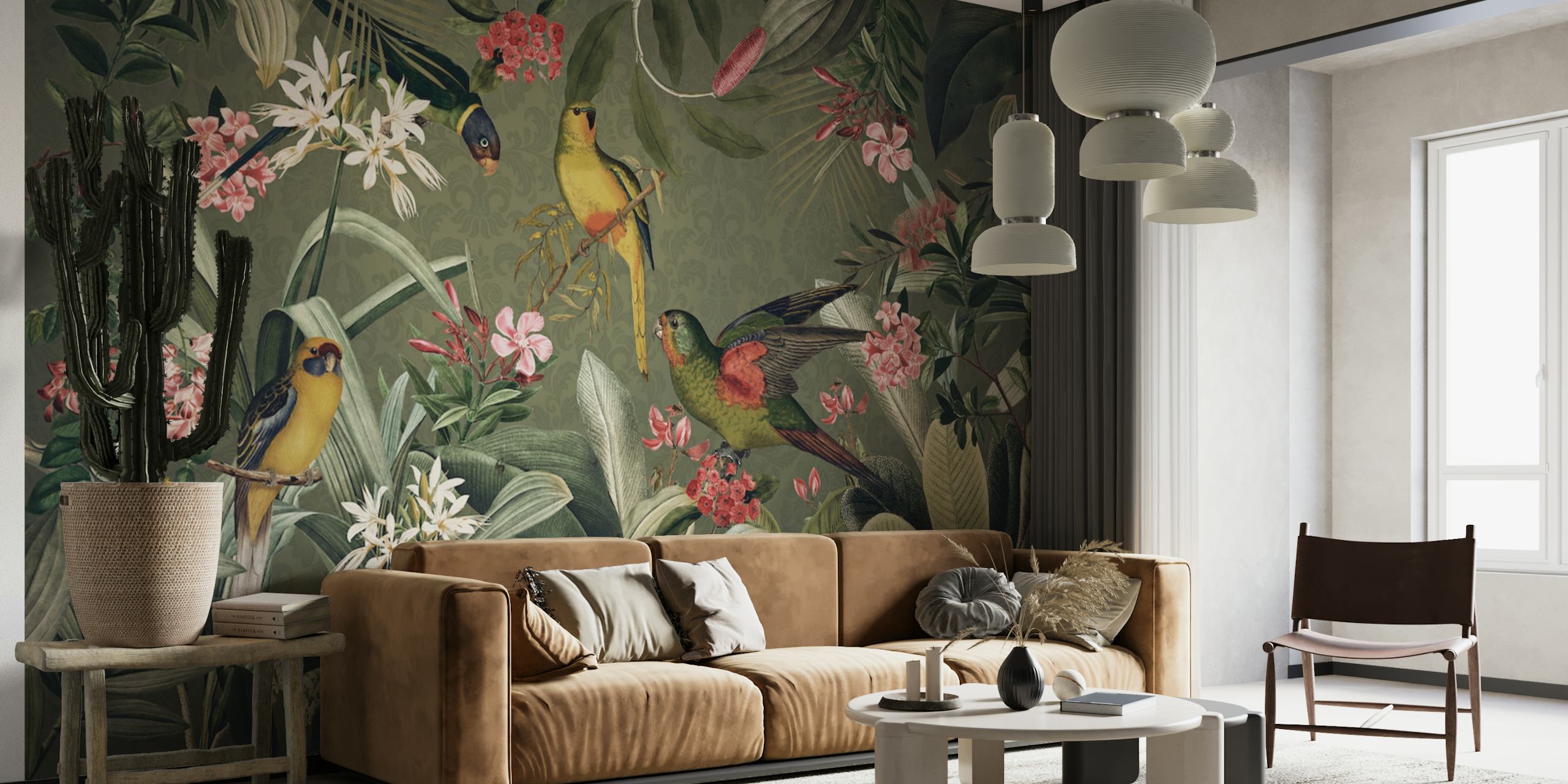 Tropical birds and flowers in green and pink wallpaper