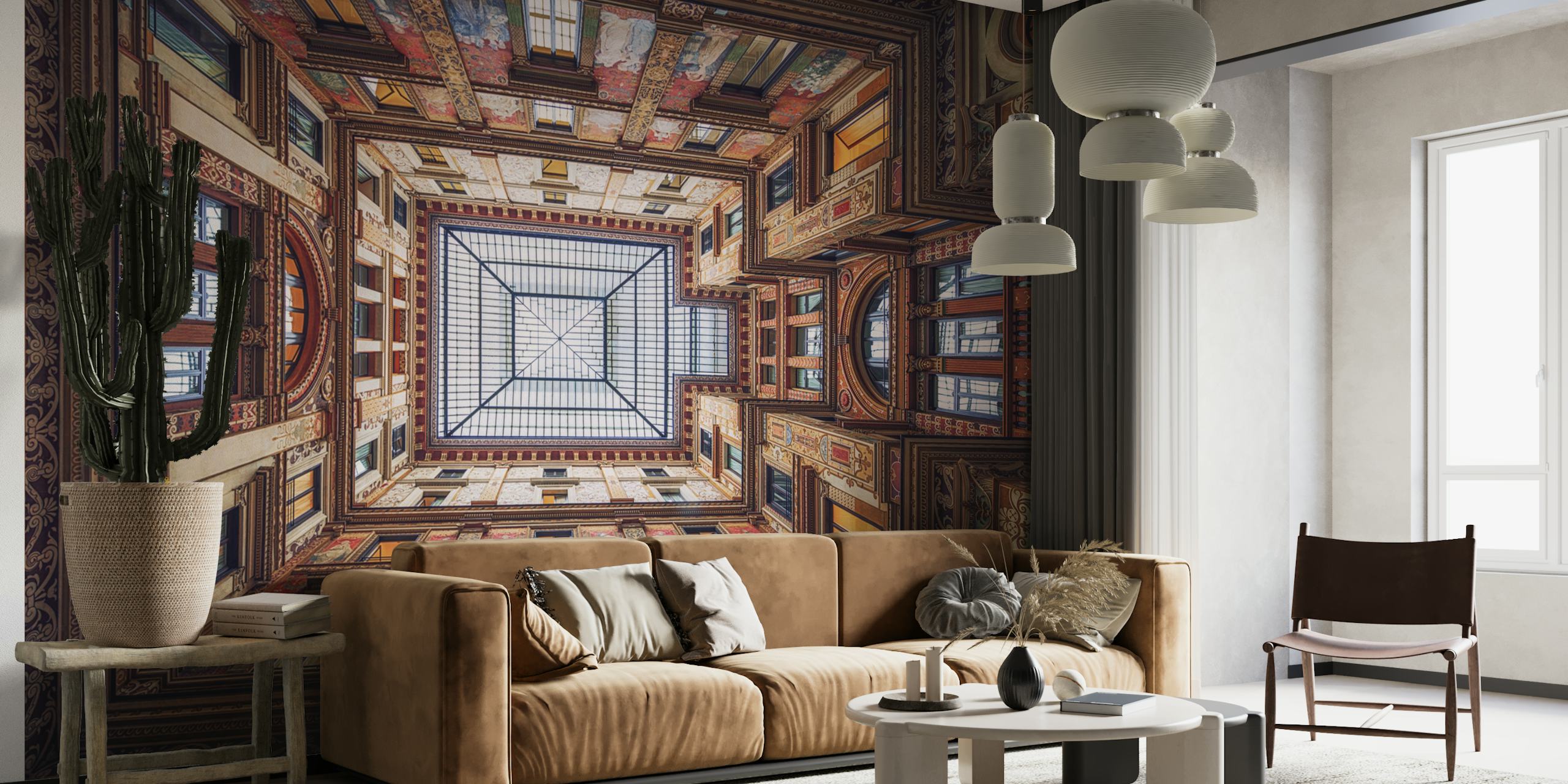 Stropní nástěnná malba Galleria Sciarra Řím zachycující renesanční umění a architekturu.
