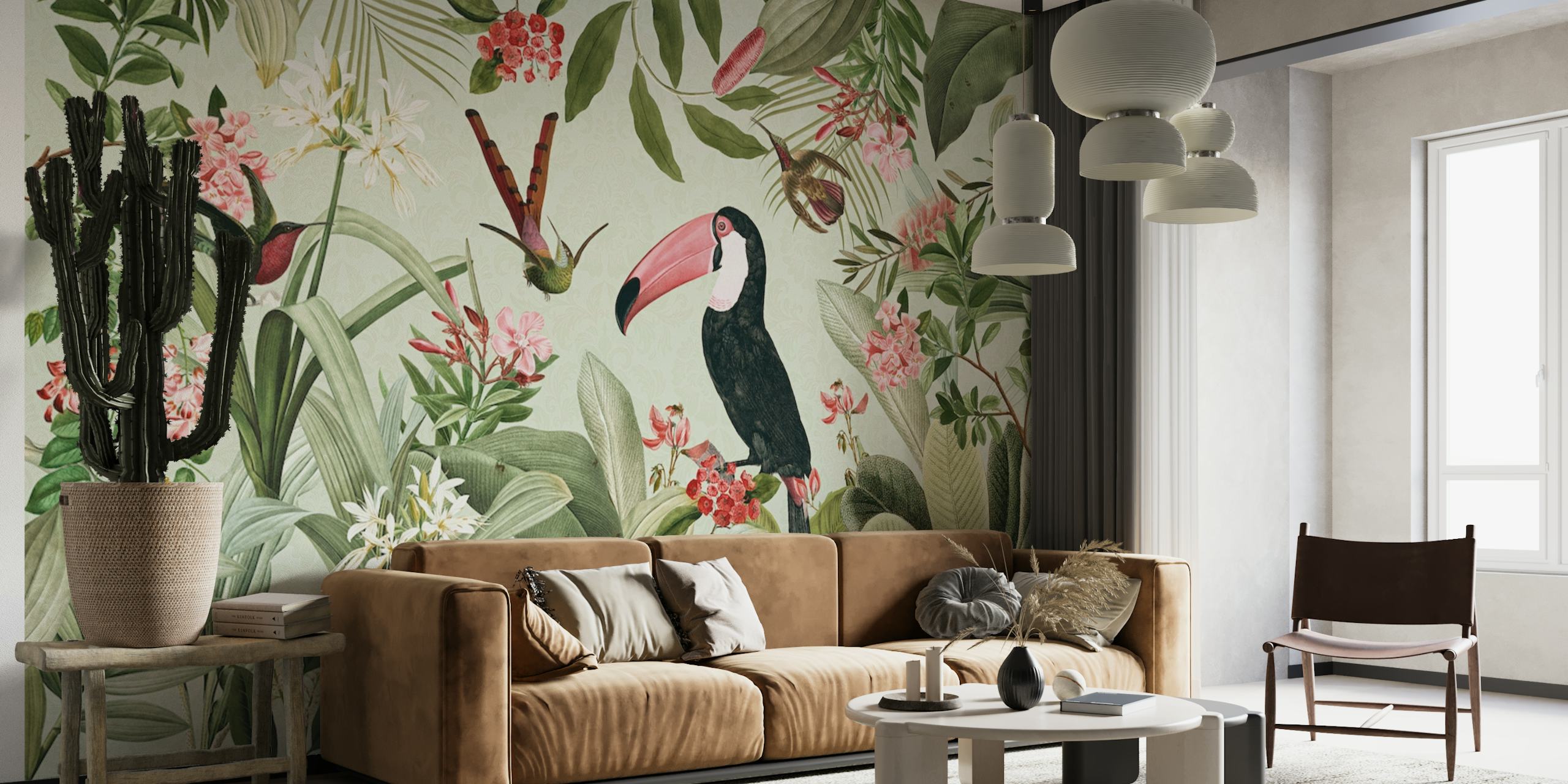 Vintage Exotic Birds Green Rainforest Flower Jungle wallpaper