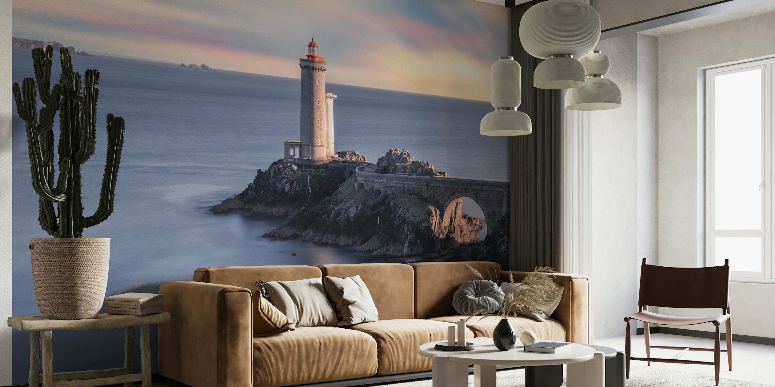 Coastal lighthouse on rocky cliff with blue sky wallpaper