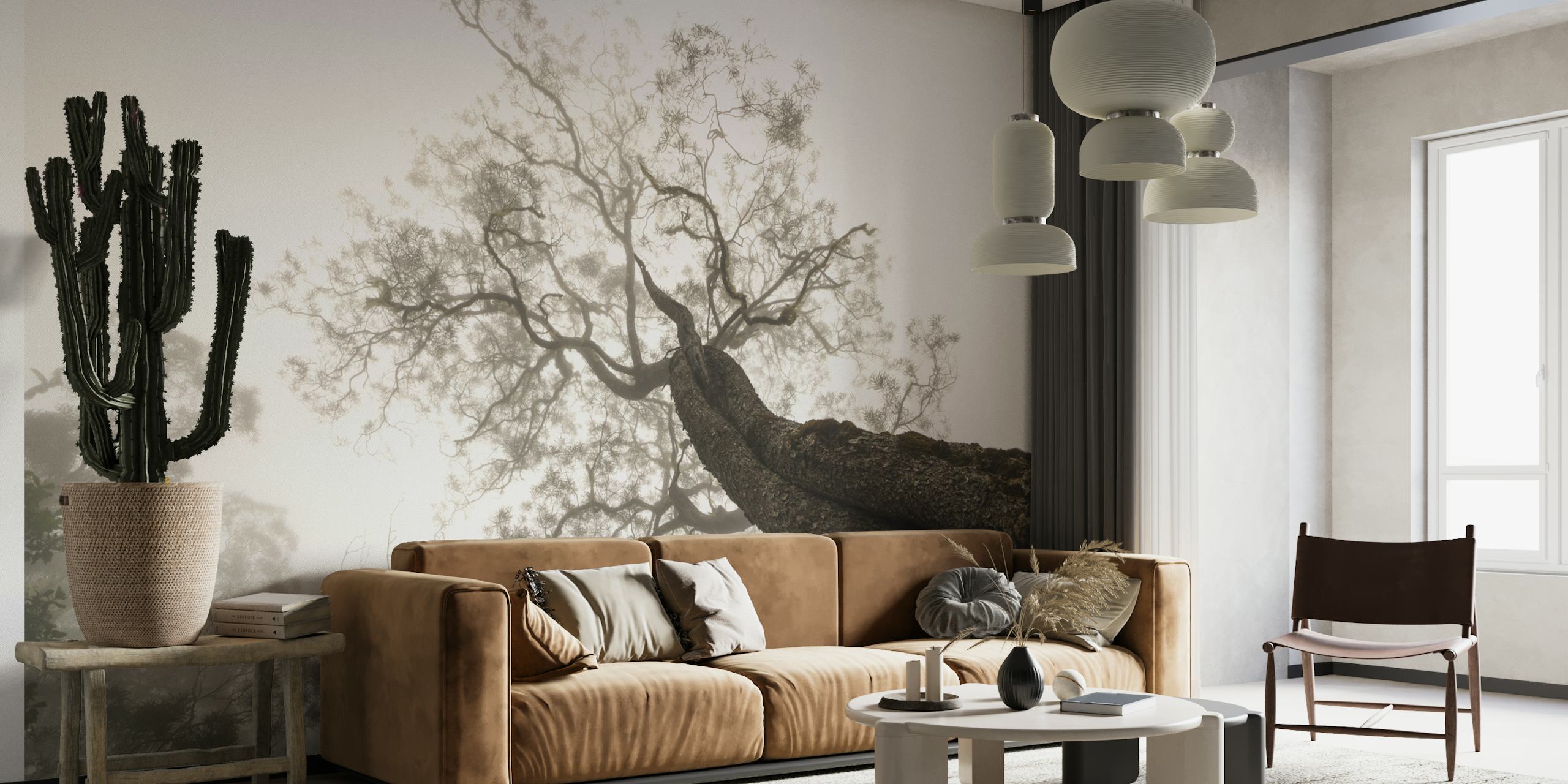 Misty tree branches wallpaper in gray tones for tranquil decoration.