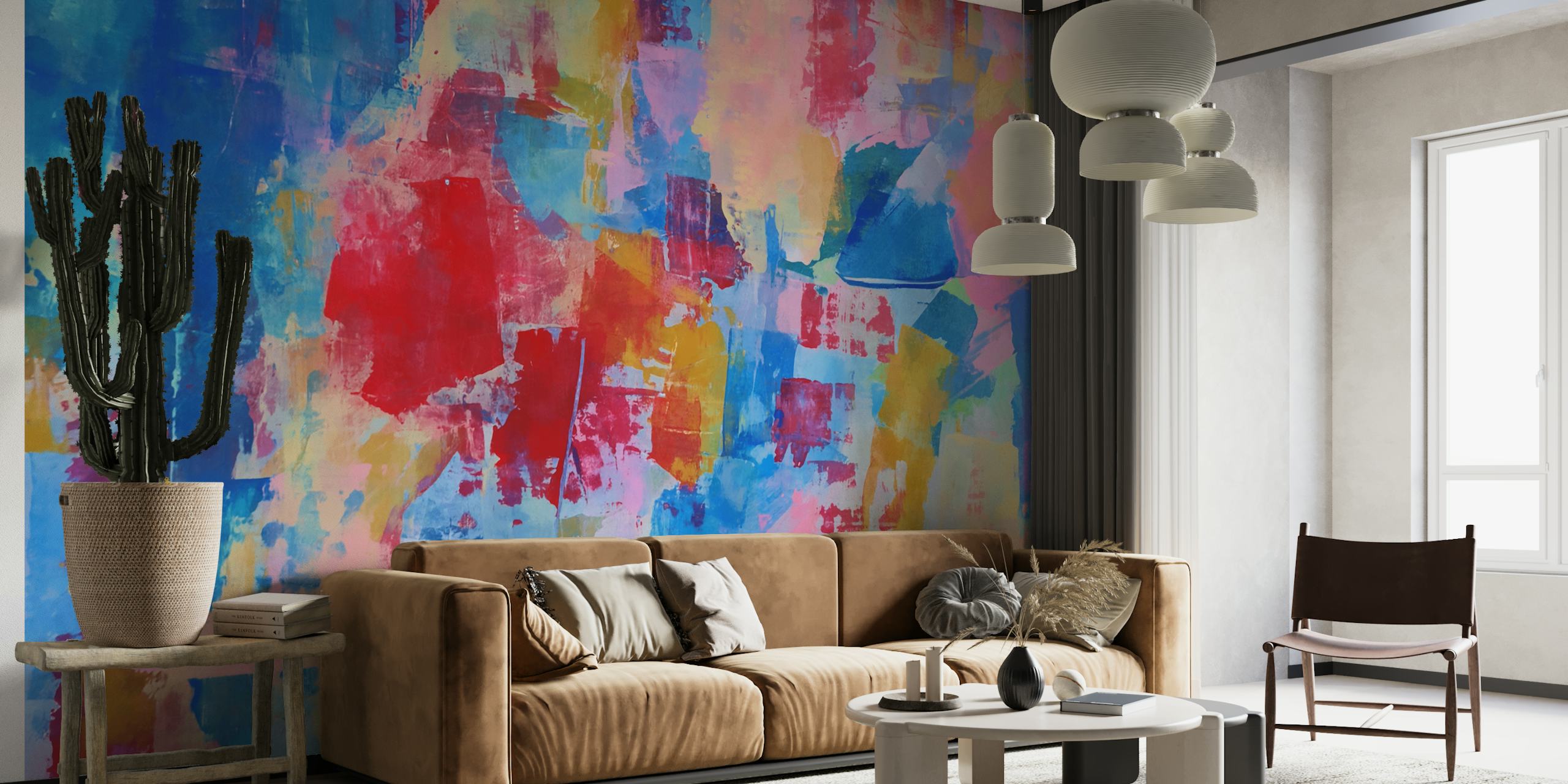 Colorful abstract brush strokes in red, blue, pink, and yellow wallpaper