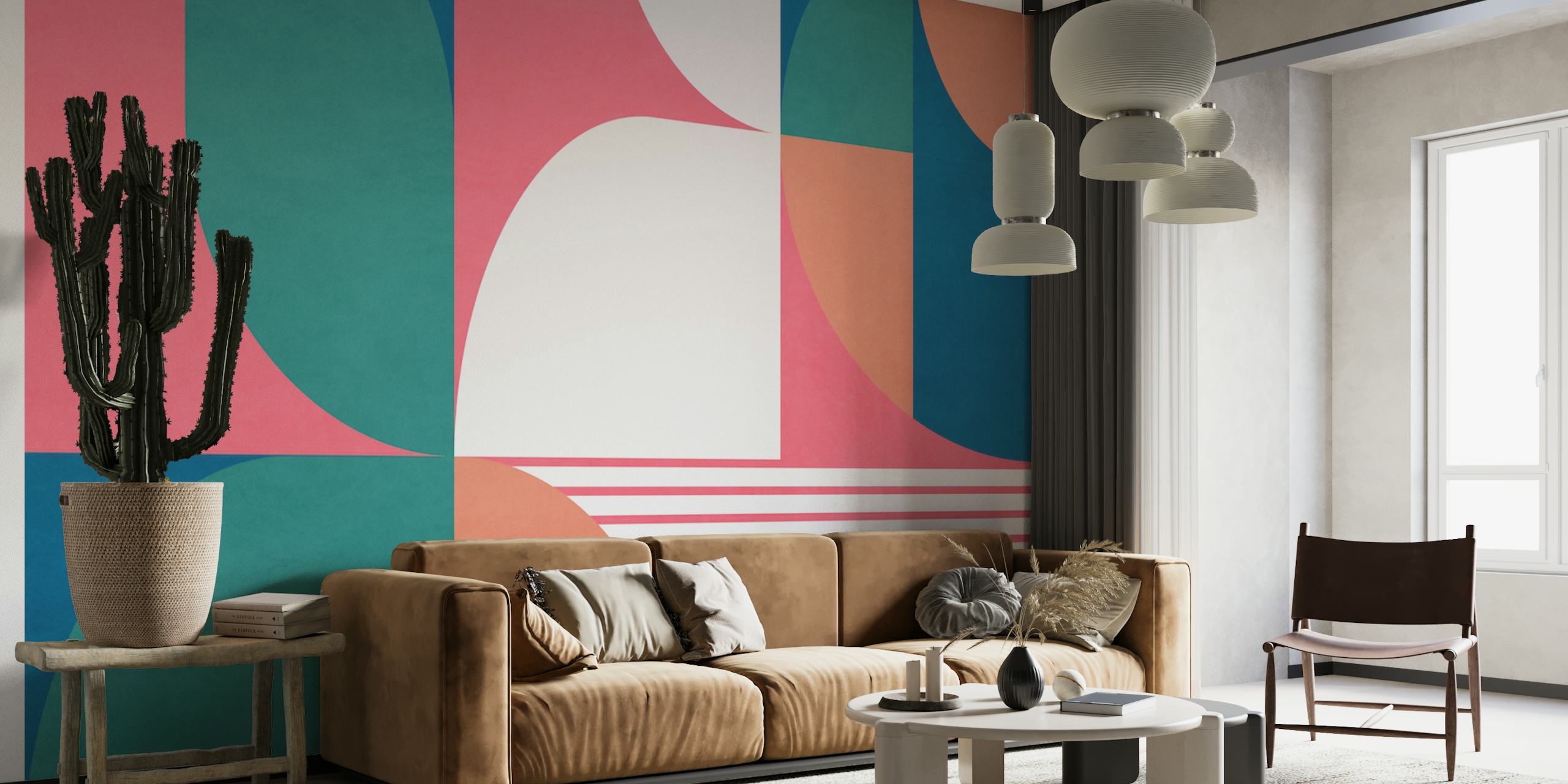 Geometric shapes in pink, green, and blue colors wallpaper