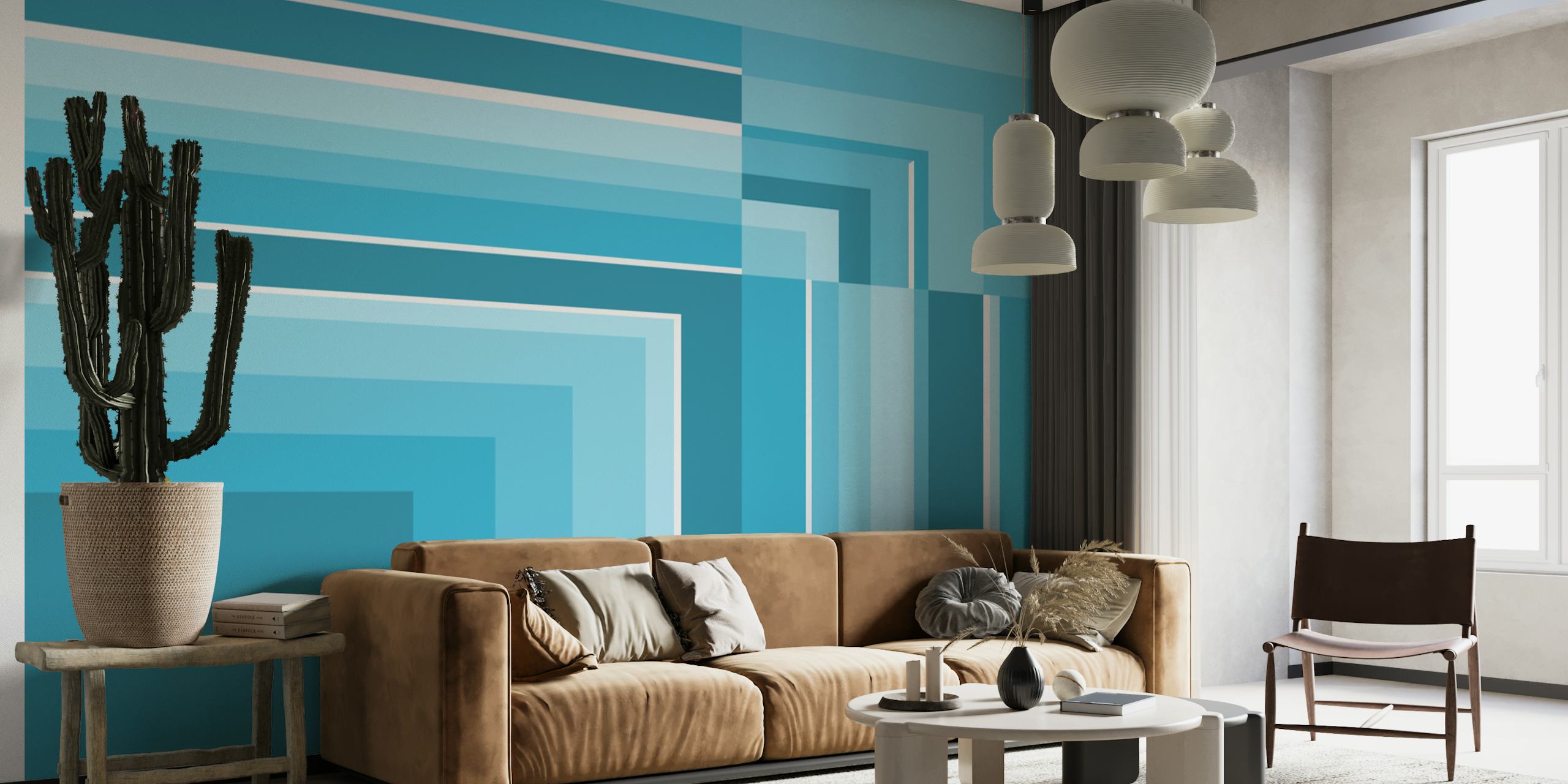 Blue geometric striped wallpaper with multiple shades of blue