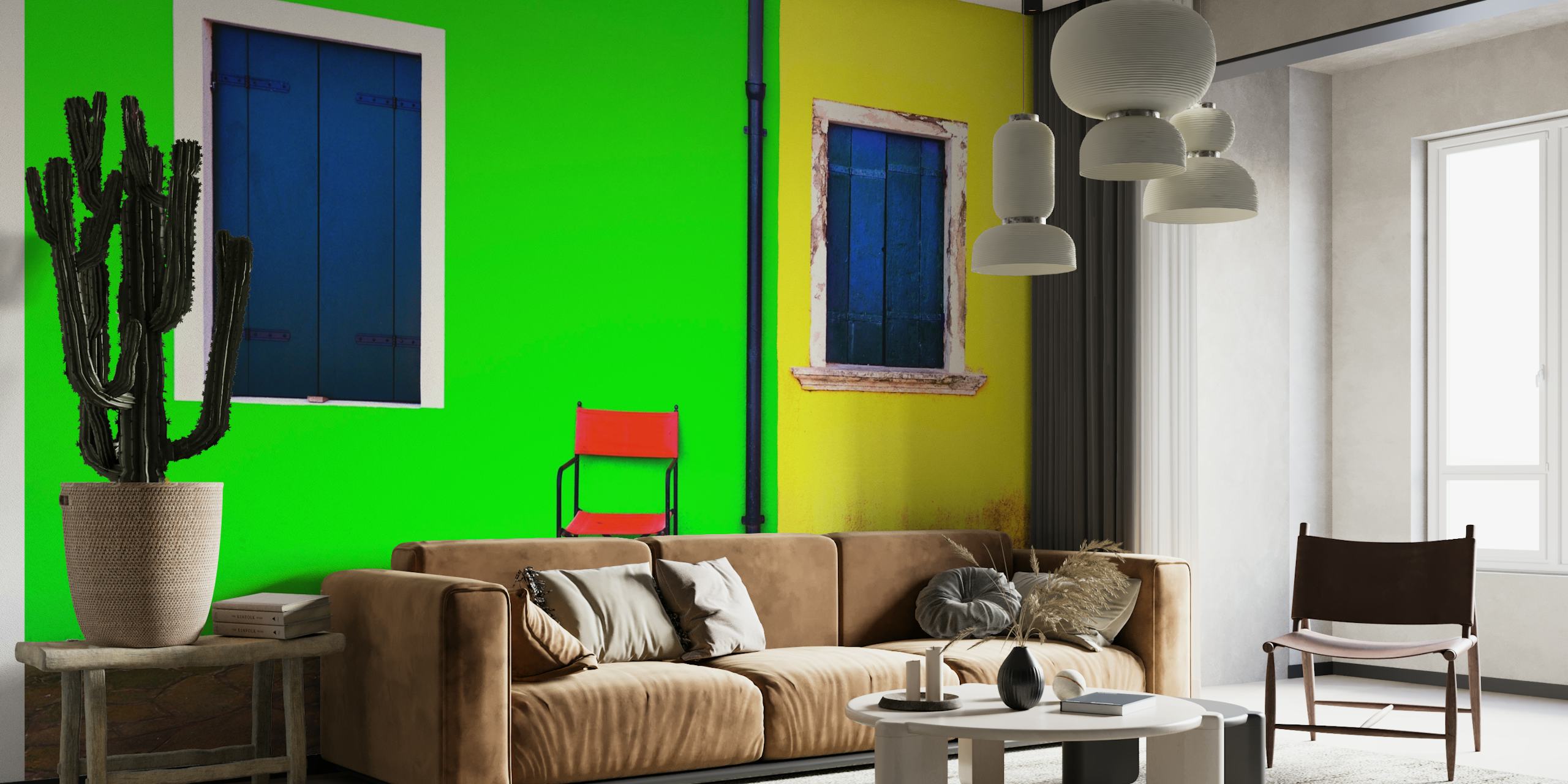 Bold and minimalistic wall mural featuring a green wall with a blue window, a yellow wall with a blue window, and a red chair