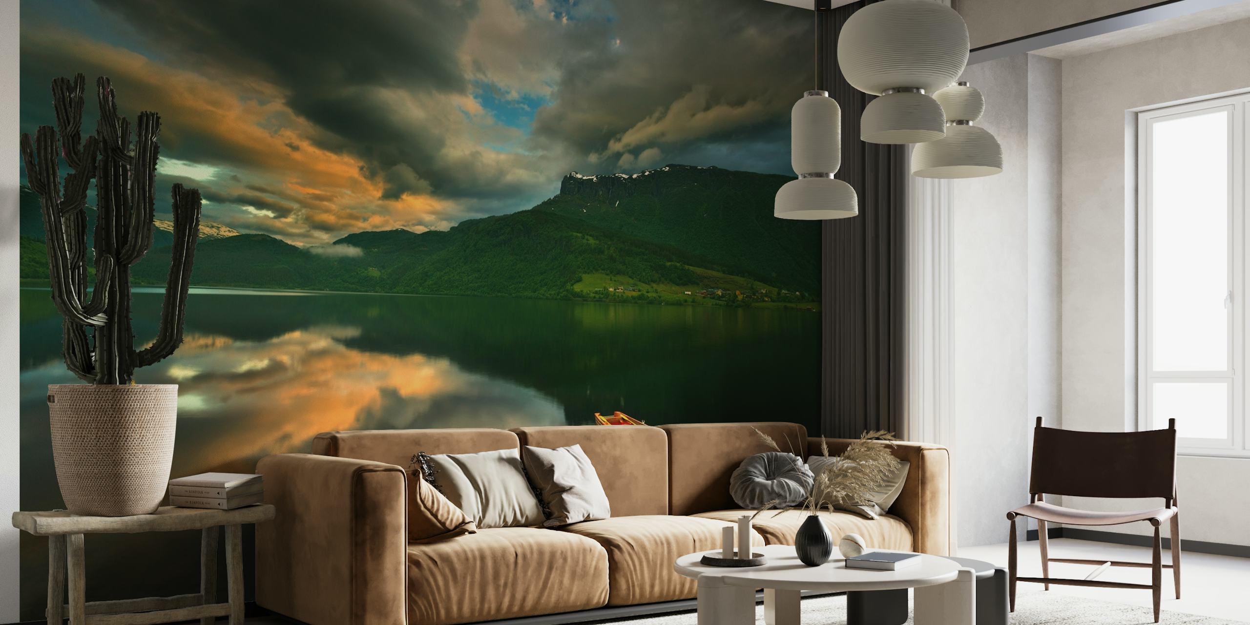 A serene boat wall mural showing a lone boat on a peaceful lake with reflective waters and a dramatic sky at dusk.