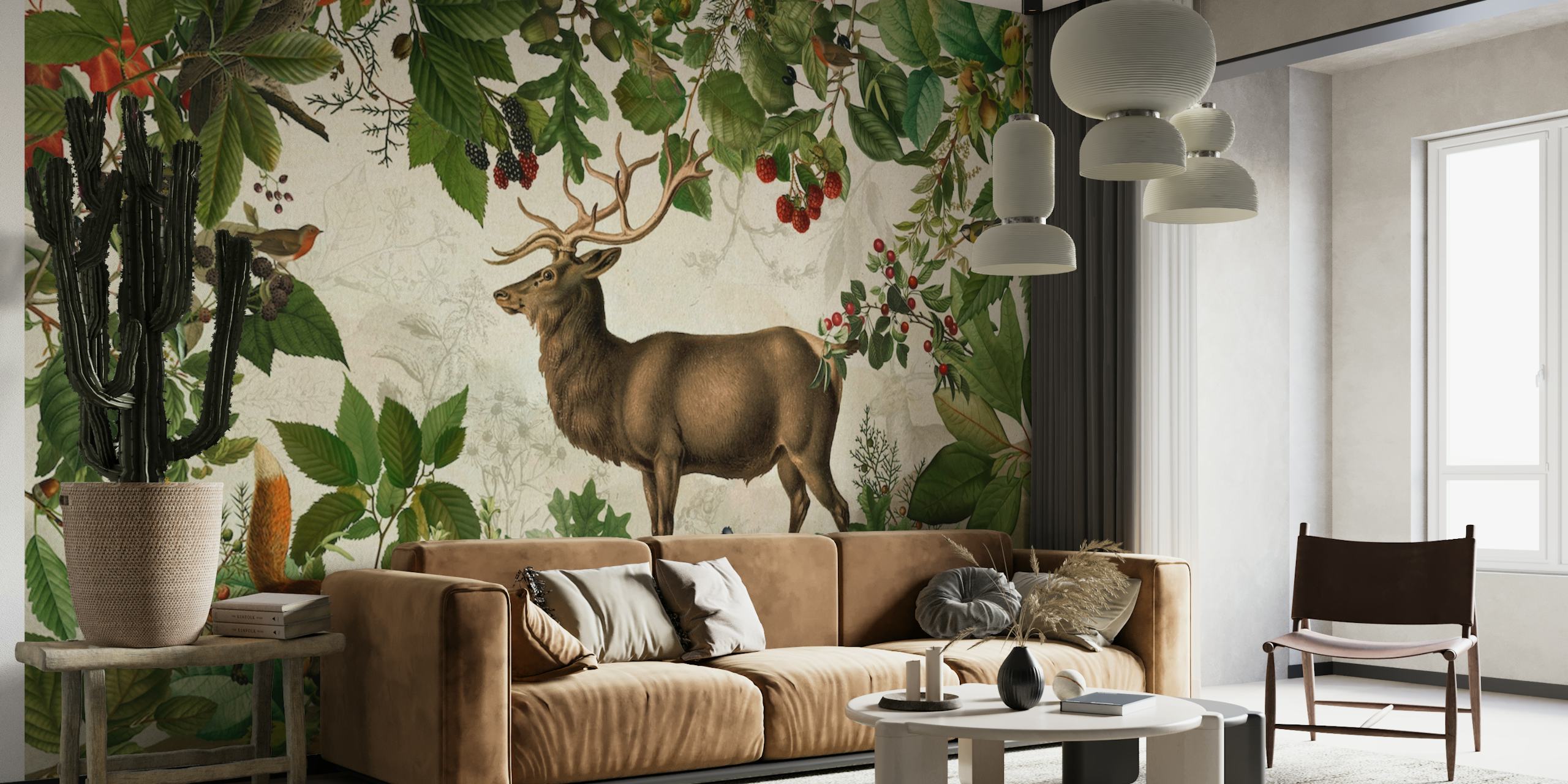 Autumn forest wall mural with a majestic stag surrounded by lush foliage and berries