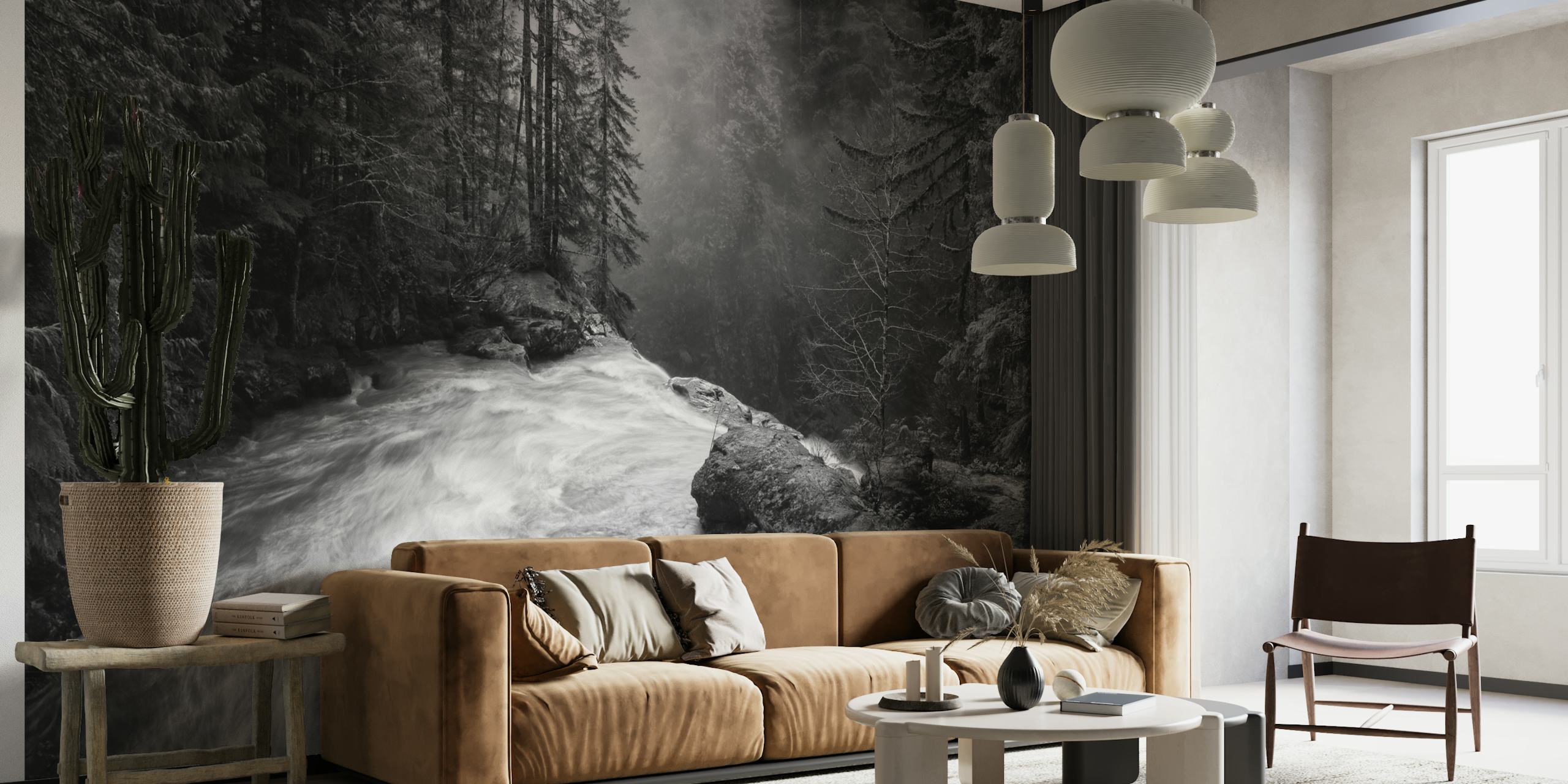 Black and white wall mural of a waterfall surrounded by forest